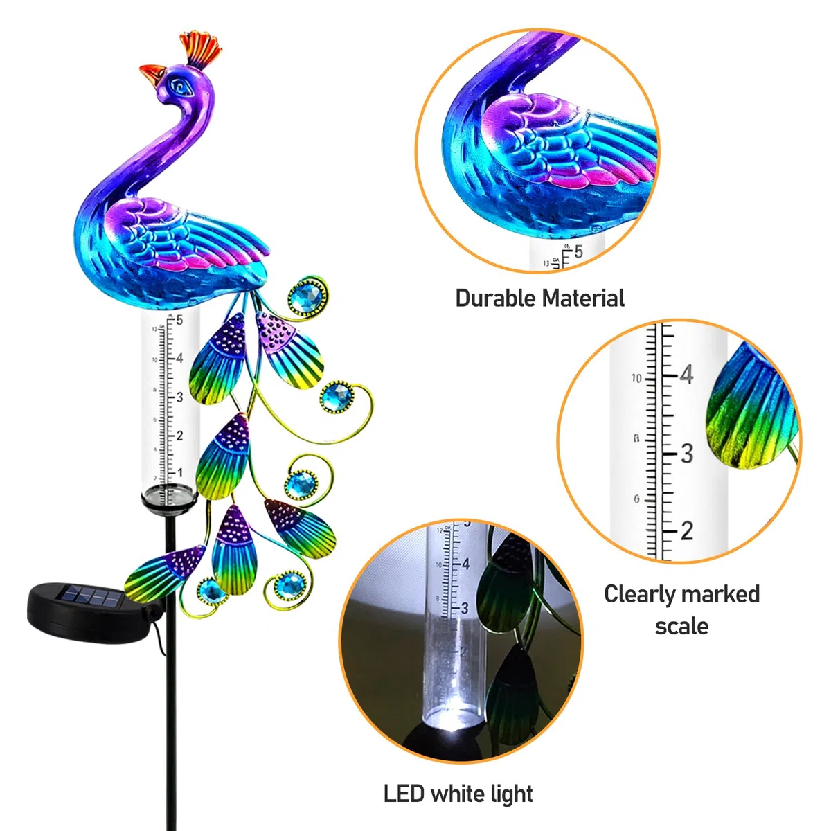 BYZESTY Pluviometre Exterieur Jardin avec LED,H 102CM Pluviomètre pour Jardin,Pluviomètre De Jardin en Verre,Pluviomètres en Verre pour Pelouse,Patio,IP55,Energie Solaire,Jardin,Cour,Terrasse