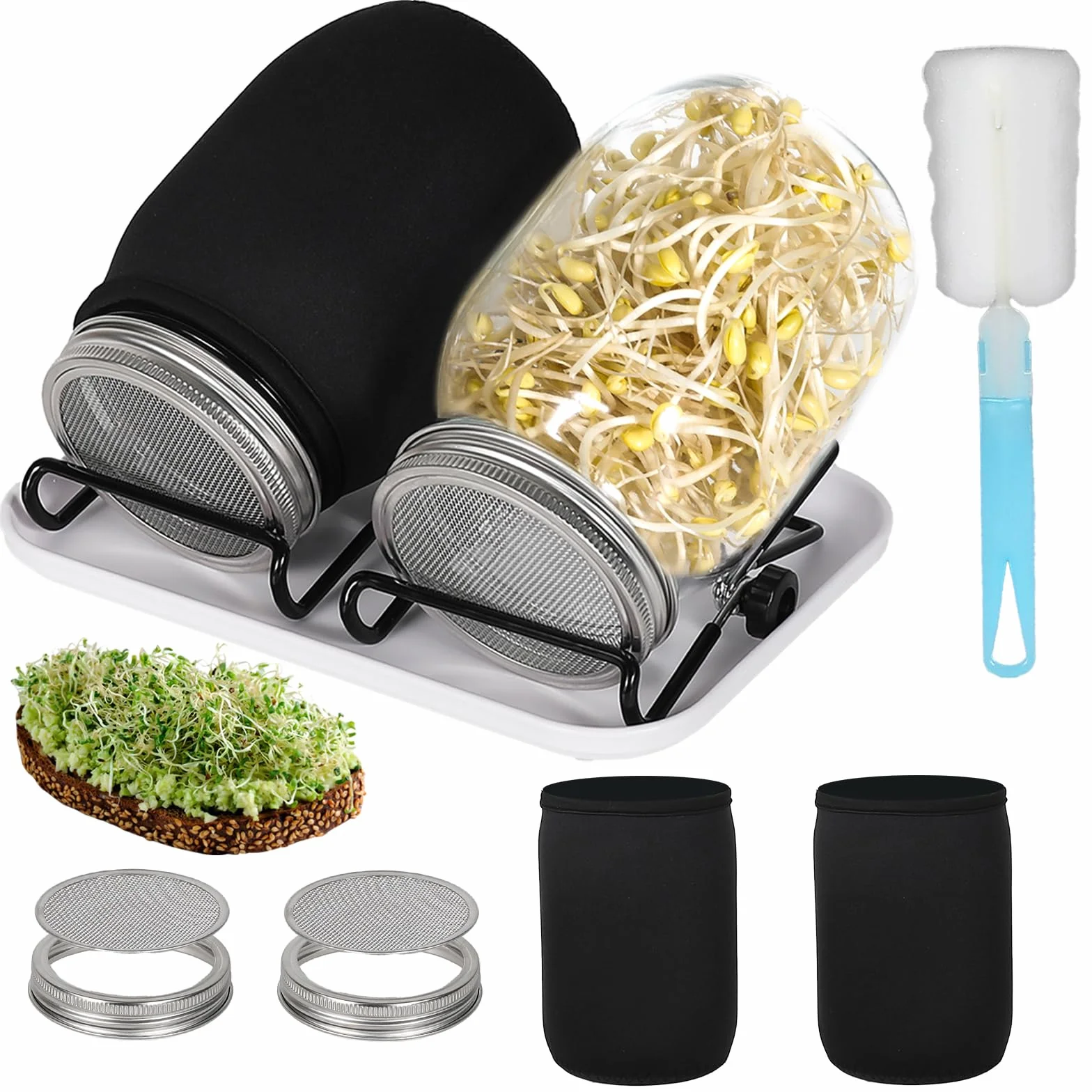 Cinnani Bocal de Germination de Graines, 2 x 1000ml Pots Mason à Large Ouverture avec Couvercles de Germination en Acier Inoxydable 304 avec Plateau, Support, Toile D'ombrage et Brosse
