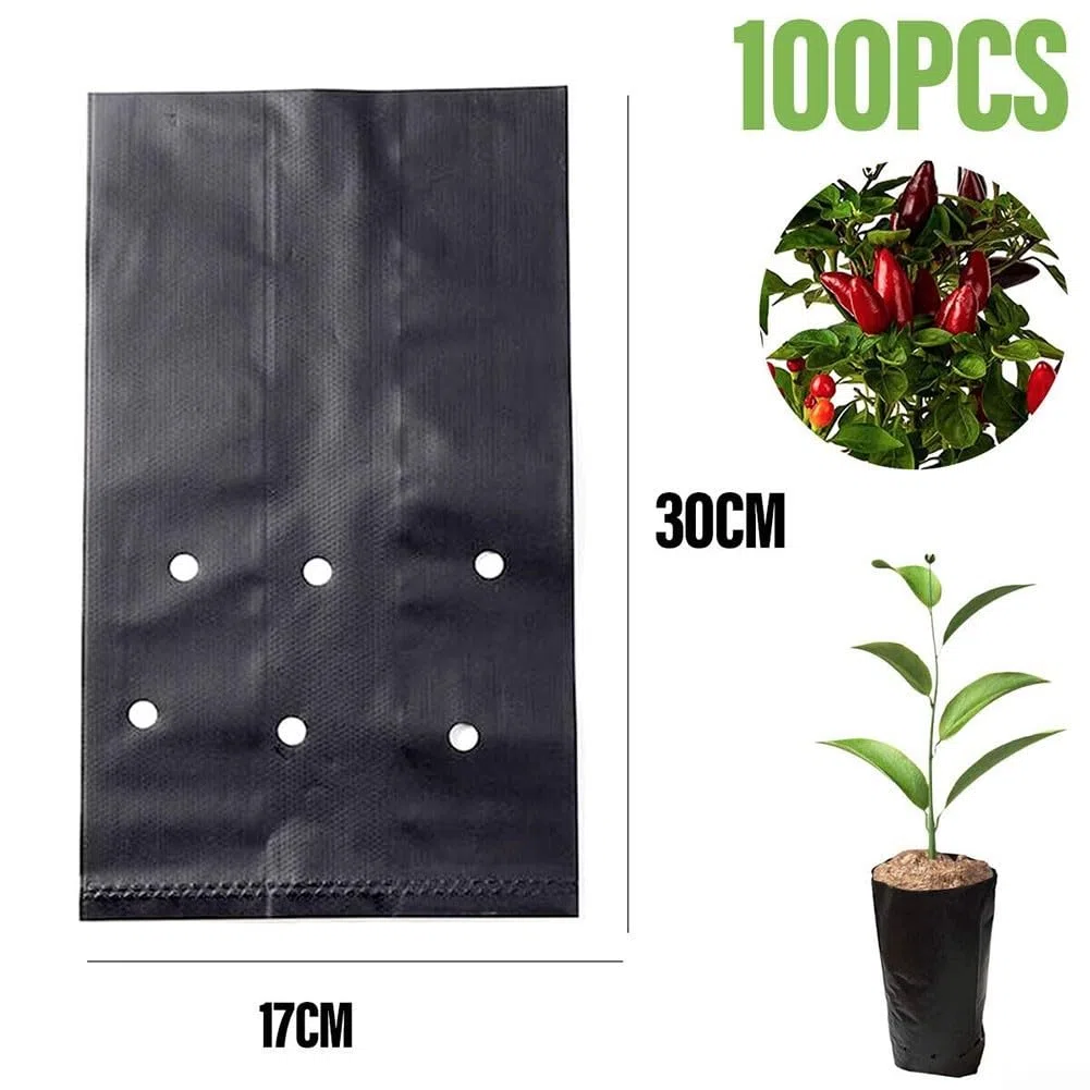Lot de 100 sacs de pépinière robustes en polyéthylène pour plantes et tomates (17 x 30 cm) - Noir