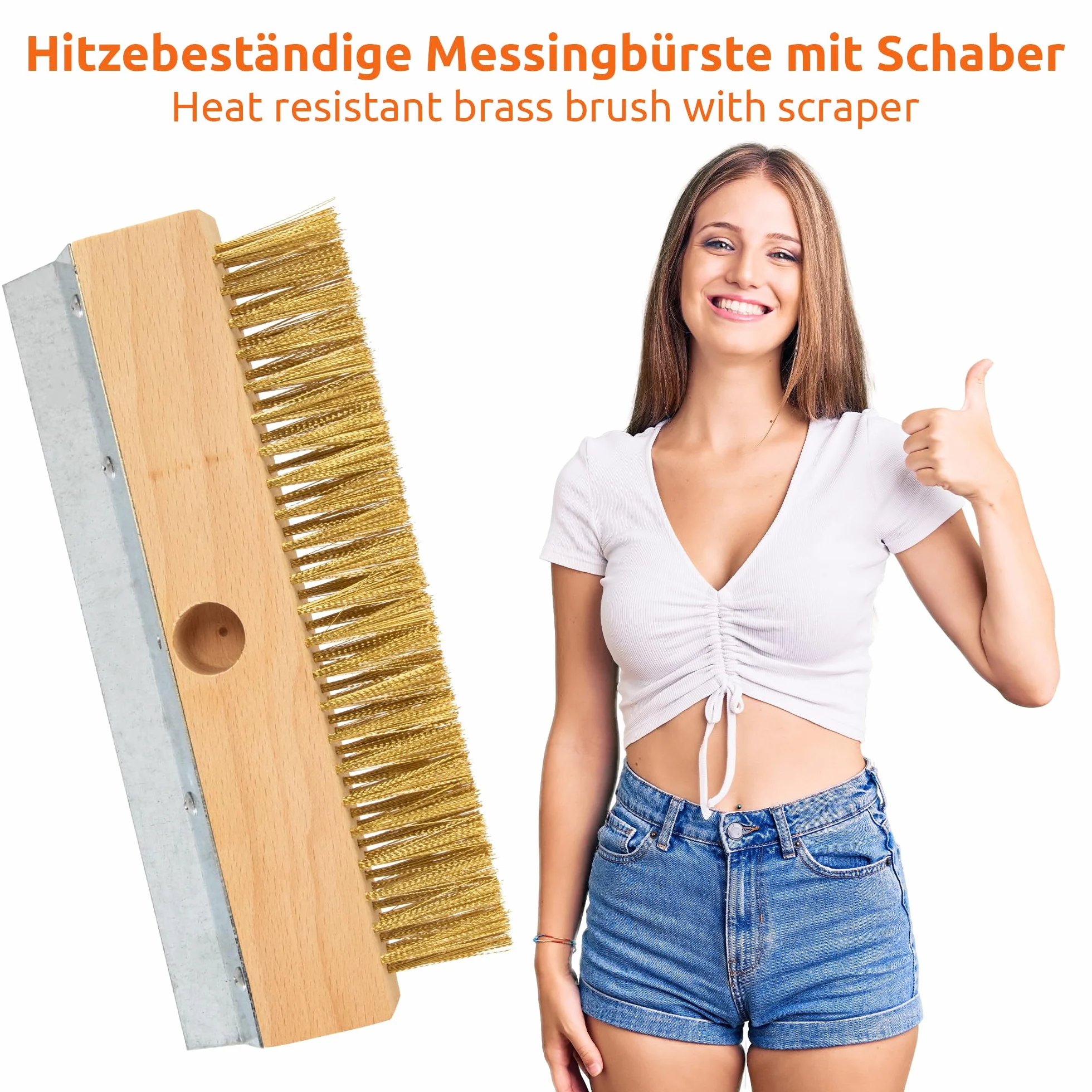 ECENCE Brosse avec poils laiton ondulés, nettoyage four à pizza, four à bois, fumoir, brosse à main pour éliminer la suie, la saleté, brosse à poils en laiton avec grattoir