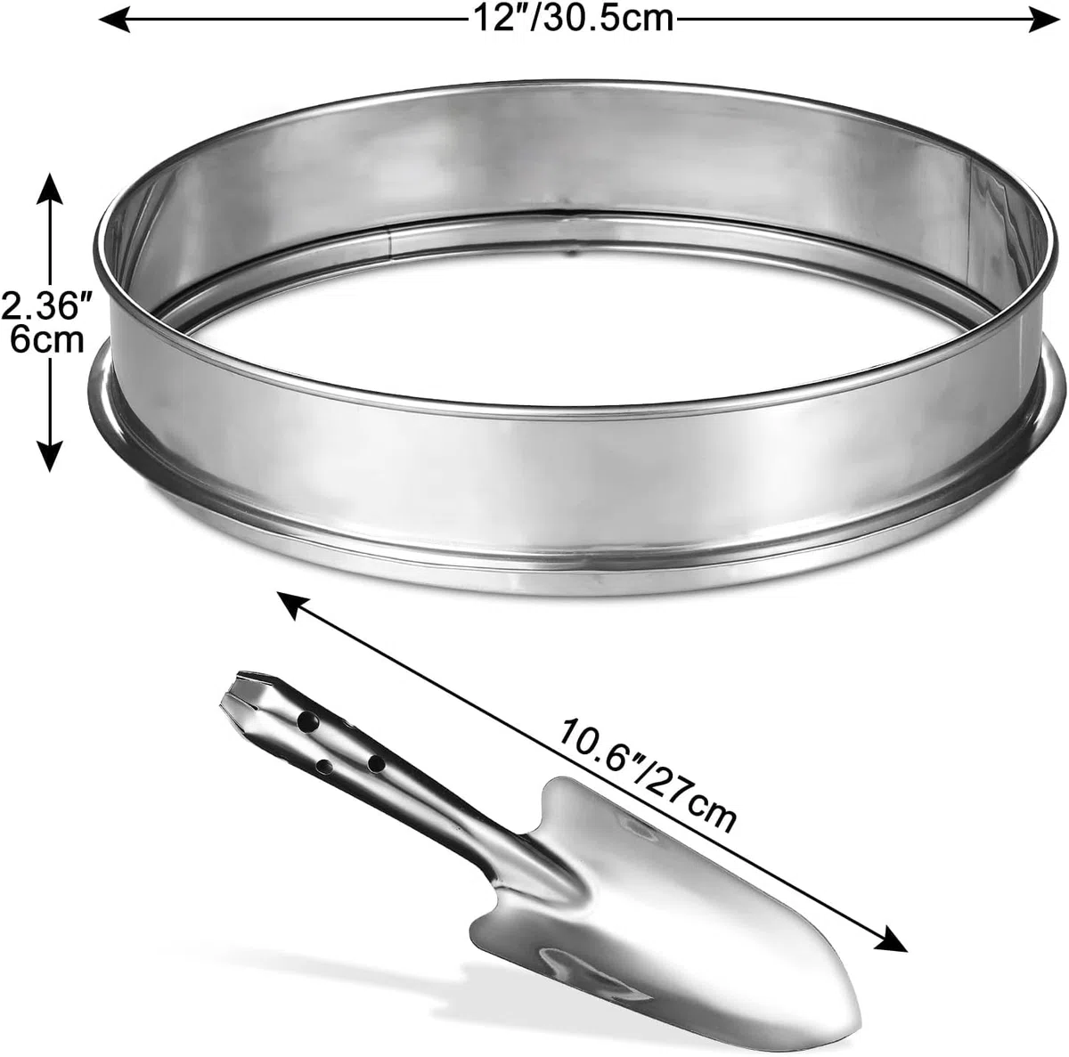 Tamis de Jardin Rond 30cm en Acier Inoxydable avec 5 Mailles Interchangeables Tailles de 3/6/9/10/12mm Outil Jardinage pour Tamiser Le Sol, Les Semences, Les Pierres et Le Compost, Pelle Inclus