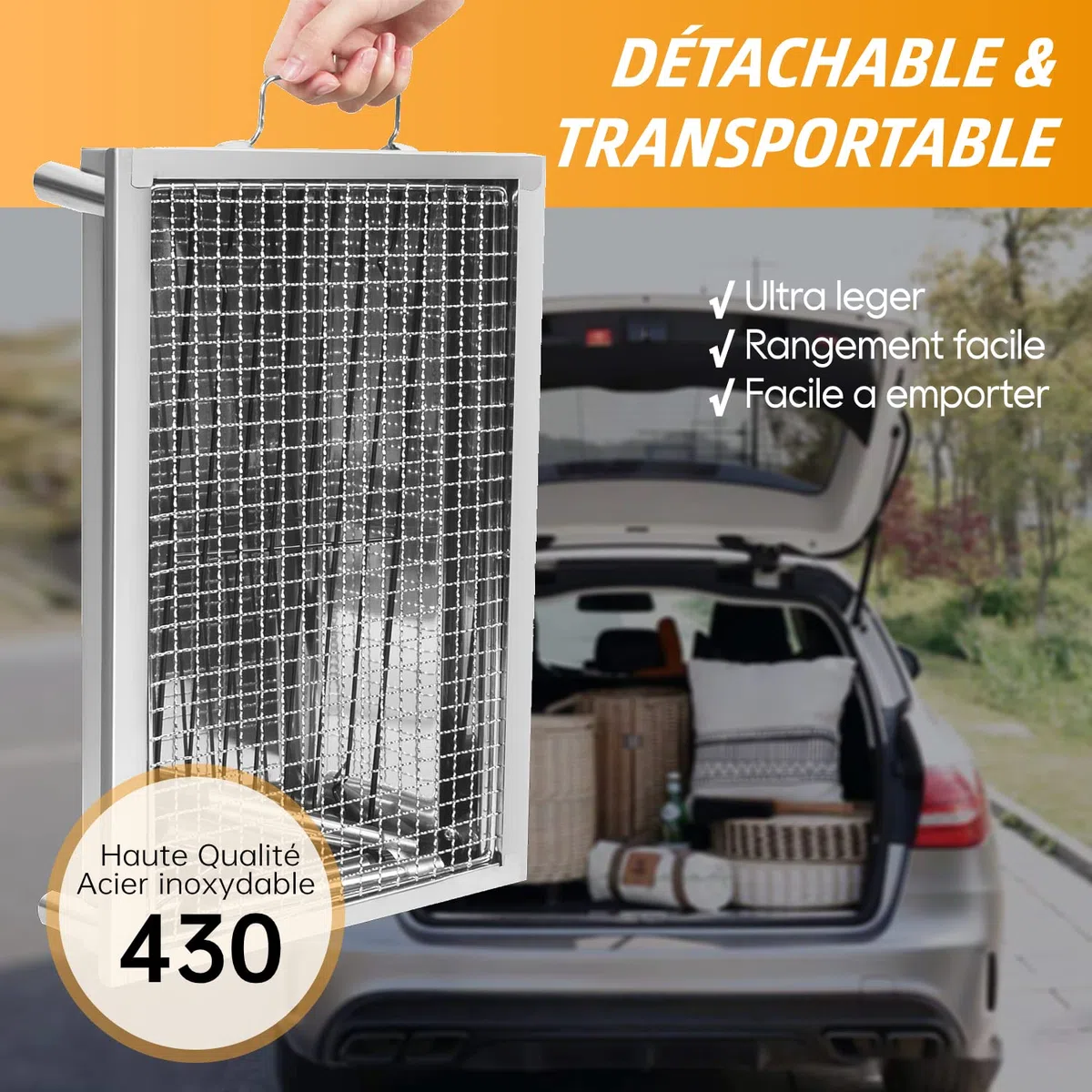Barbecue Charbon de Bois INOX Ajustable Barbecue Démontable en Acier Portable BBQ Exterieur Grille sur Pied pour Jardin Pique-Nique Camping