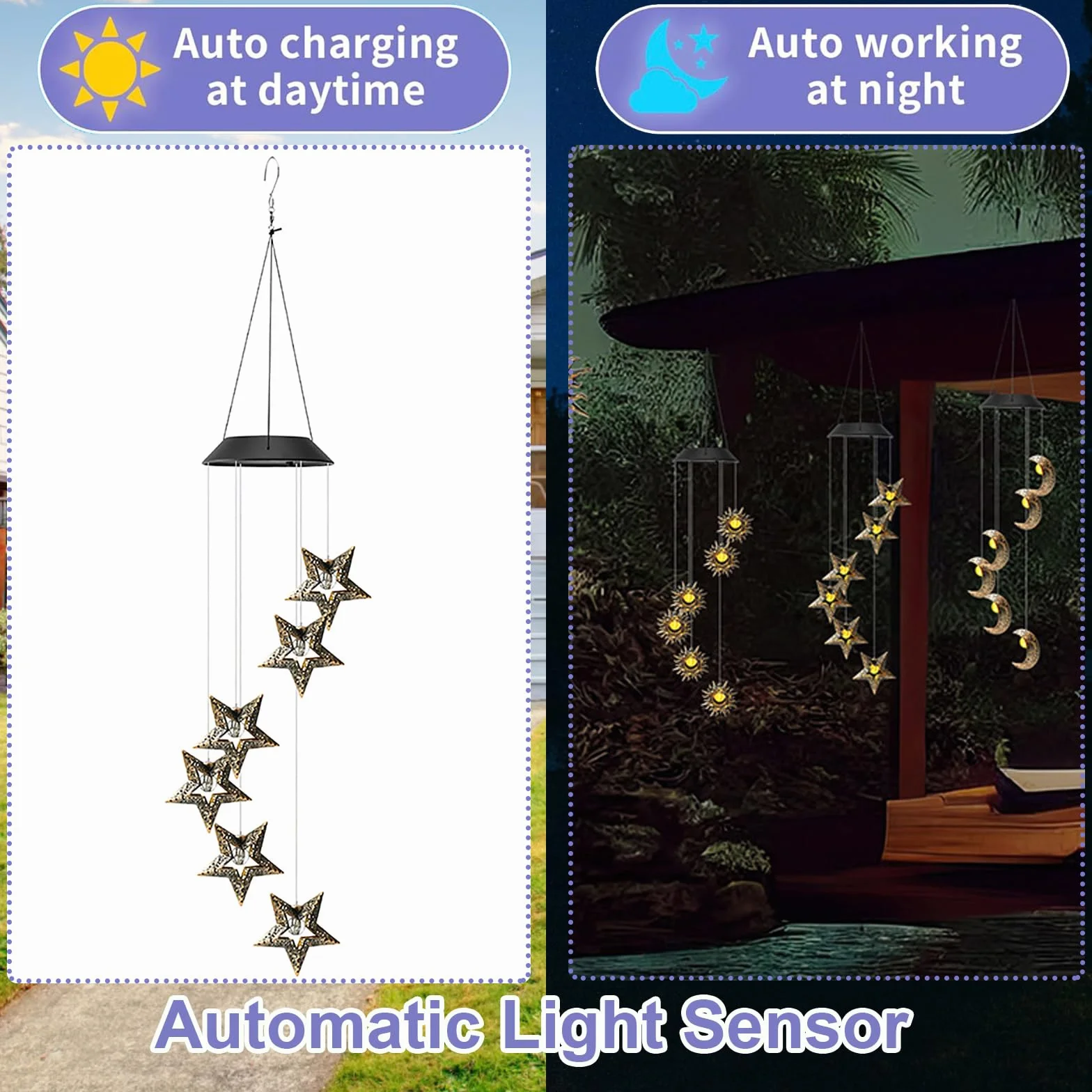 ZVO Carillon Extérieur à Vent Solaire - Lampe de Jardin avec Lune, Décoration Lumineuse Solaire Suspendue pour Balcon Terrasse