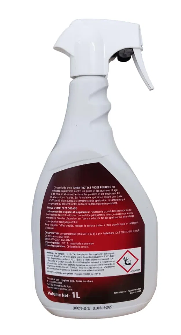 TONER Protect’ Puces et Punaises – Insecticide Choc 1L – Élimination Immédiate – Empêche la Réinfestation – Spray Anti Punaises de Lit et Puces – Action Foudroyante – Fabriqué en France