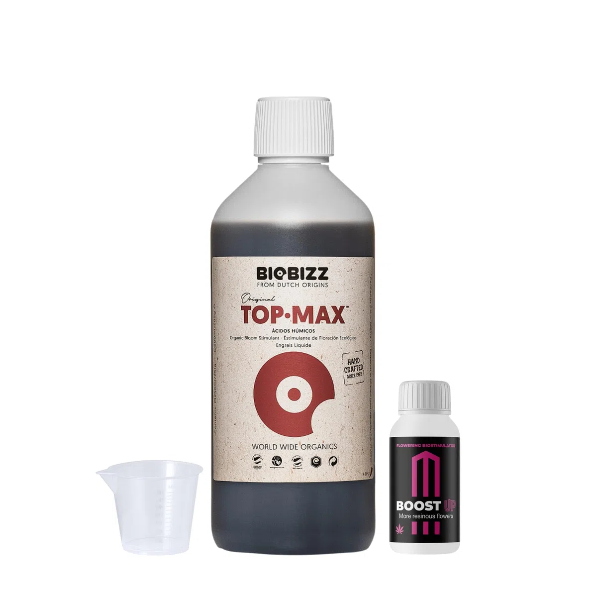 GROWMANIA Top Max de BioBizz 500 ml + Probe Boost Up de Up Nutrients + Cuillère à mesurer | Stimulateur de fleurs pour jardins urbains | Augmente la quantité et la taille des fleurs