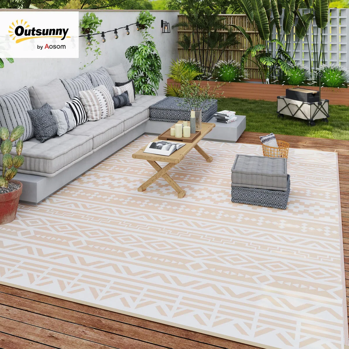 Outsunny Tapis d'extérieur réversible 3,7 x 2,7 m, Tapis de Sol au Motif Mur géométrique en PP résistant aux intempéries, Sac de Transport Inclus, Tapis extérieur terrasse, Kaki et Beige Clair