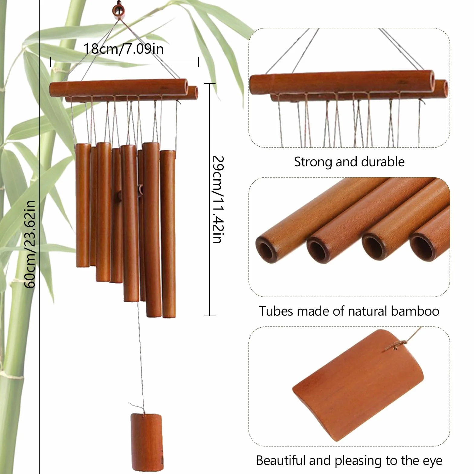 Carillon à Vent, Carillon à Vent en Bois, Carillons Éolien en Bambou, Carillons Éoliens Suspendus, pour Terrasse, Jardin, Méditation Zen et Décoration de Relaxation, Couleur du Bois