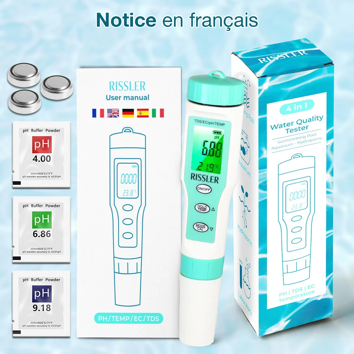 Rissler Testeur pH Piscine 4-en-1 - pH Mètre Électronique Haute Précision pour Mesure pH,TDS,EC,Température, Analyseur Eau Potable, Test Digital Idéal pour Piscine, Hydroponie et Aquarium