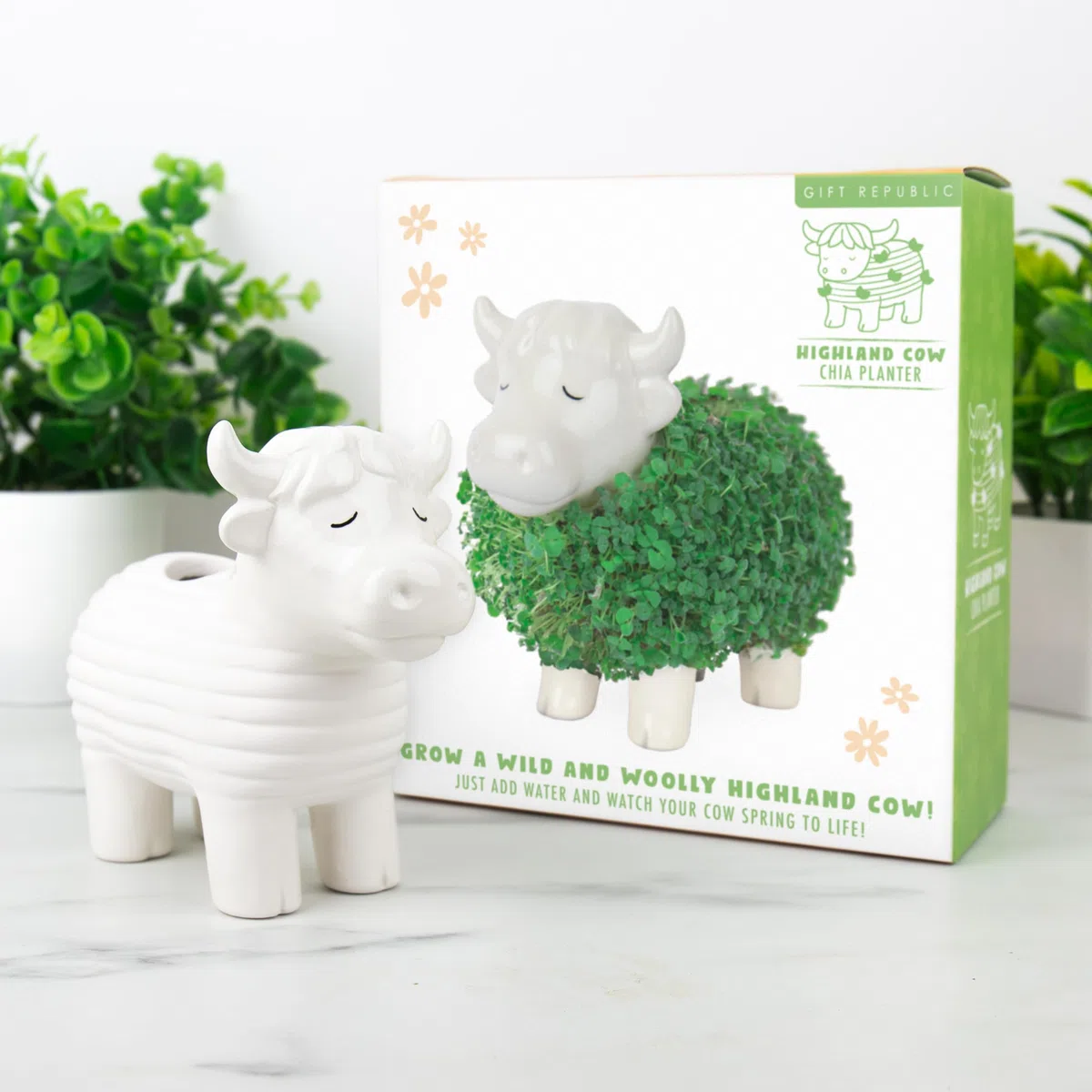 Jardinière en forme de vache des Highland Chia - Joli ornement de bureau en forme d'animal, mini kit de jardin pour cultiver votre petite plante pour enfants et adultes