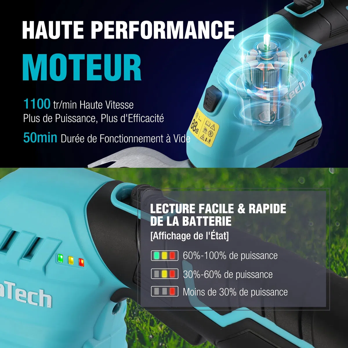 DURATECH Cisaille Sculpte-Haie Électrique et Taille-Herbes Téléscopique sans Fil 12V, Cisaille à Gazon 2 en 1, Largeur/Longueur de Coupe 12/16 cm, Batterie 2000mAh, pour Coupe, Élagage, Bleu & Noir