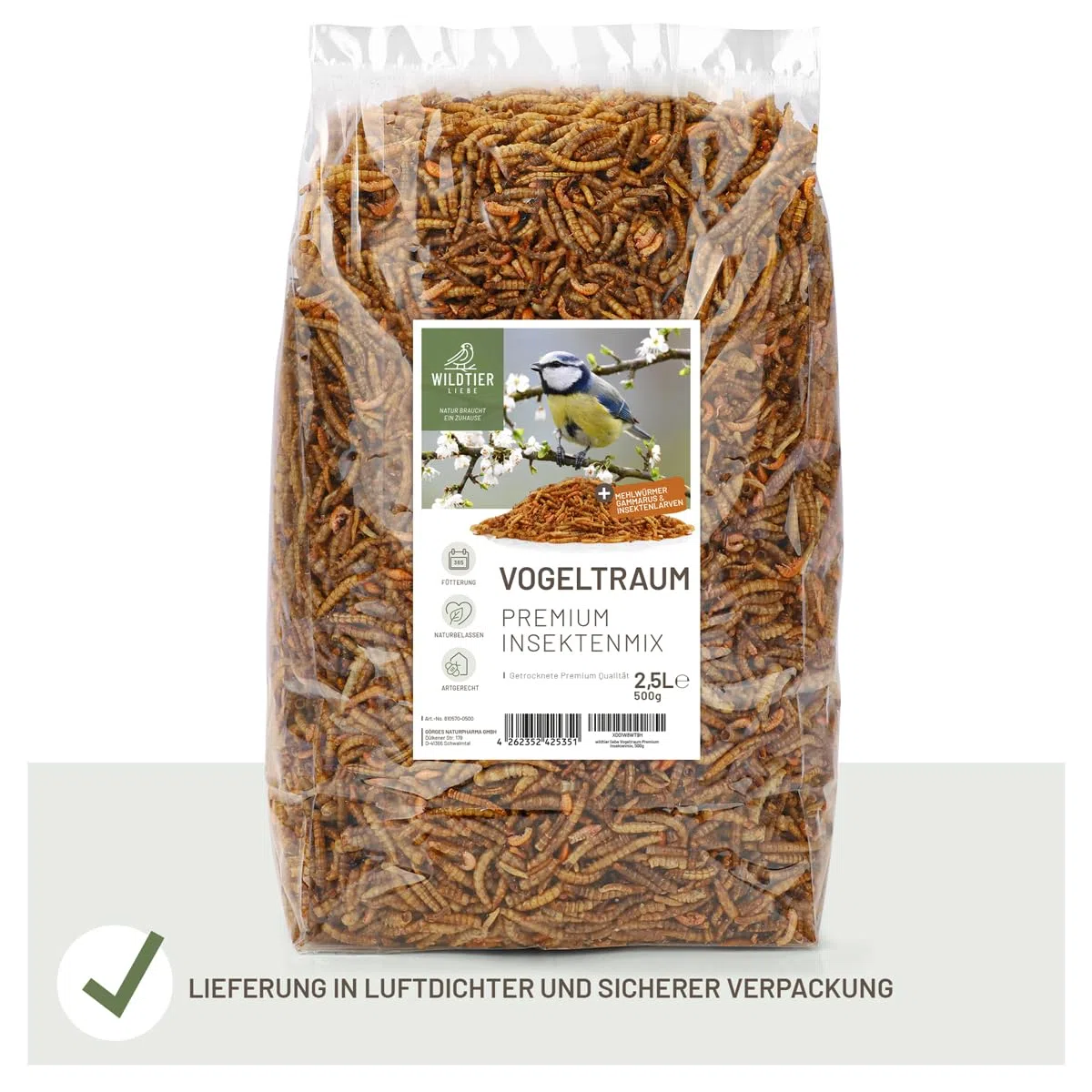 wildtier liebe Vogeltraum Mélange d'insectes de qualité supérieure 2,5 l I Vers de farine séchés, larves d'insectes et gamarus pour oiseaux I Vers de farine séchés, nourriture pour oiseaux sauvages,