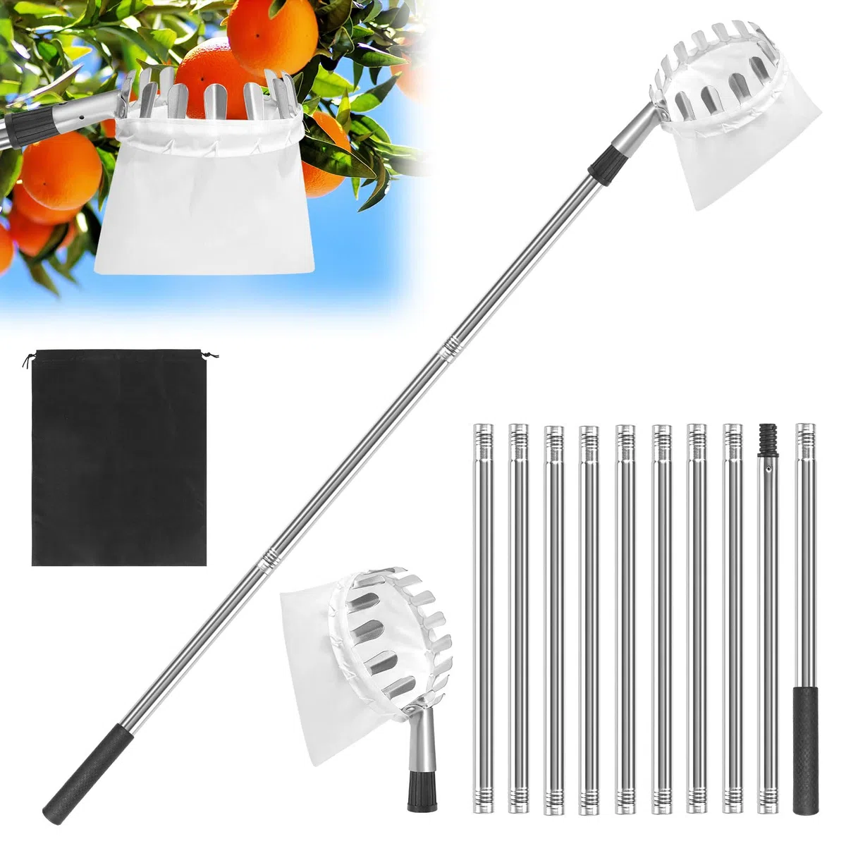 GOSHIES Cueille Fruit Télescopique 4M Cueille Fruit Cueilleur de Fruits Amovible Cueille Cerise Telescopique Ramasse Pomme pour la Cueillette des Oranges, Pêches, Cerises