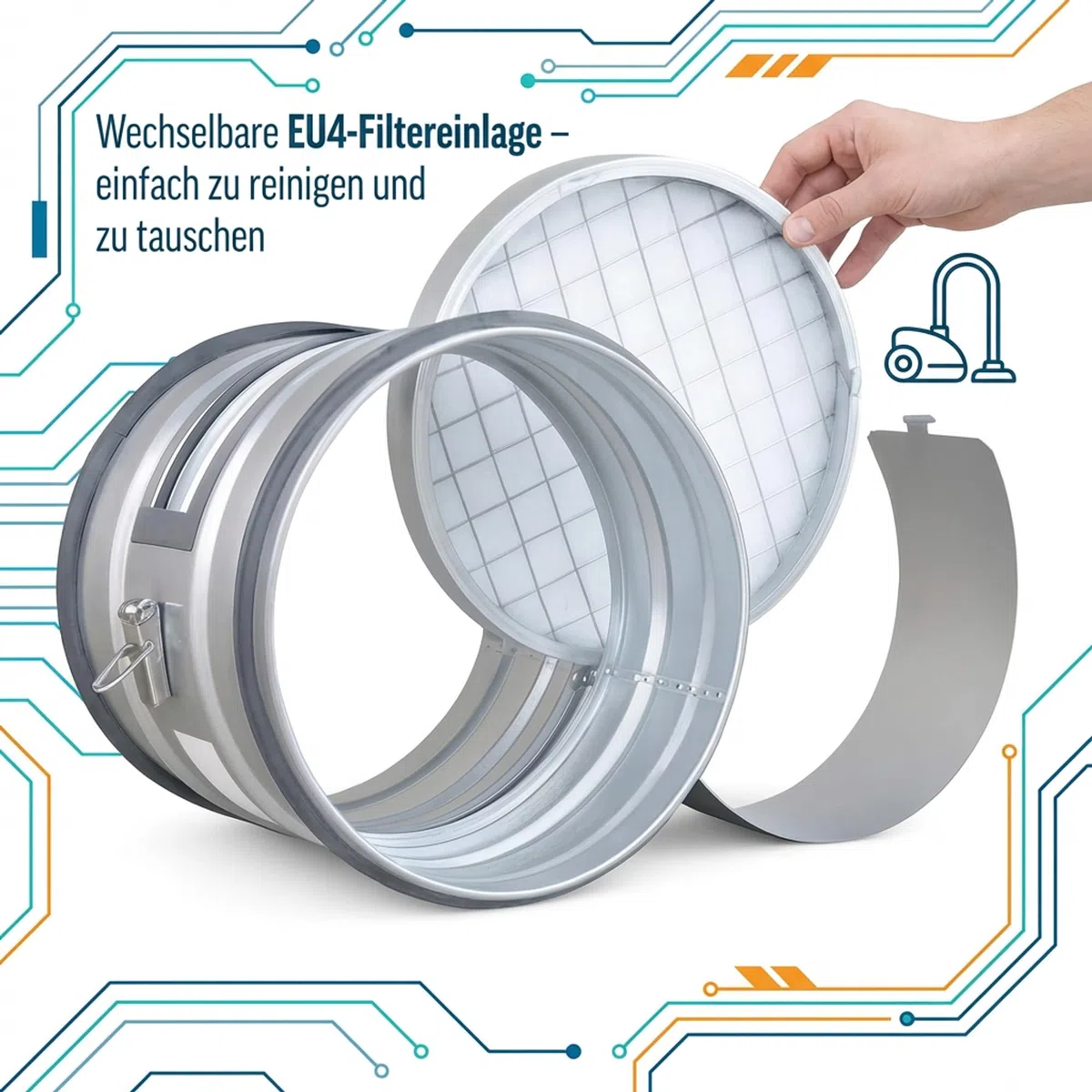 Easy Act Filtre à poussières grossières rond Ø 125 mm pour l'admission d'air, filtre tubulaire en acier galvanisé pour la filtration des grosses particules dans les systèmes de ventilation