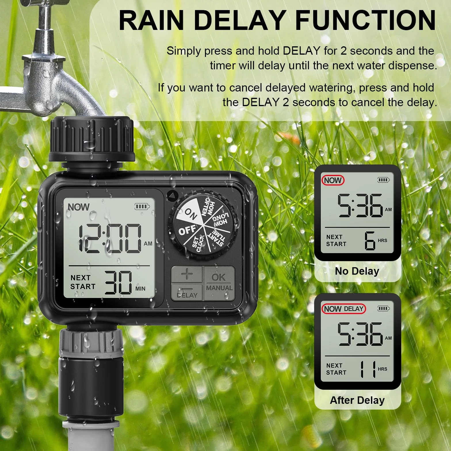 Ordinateur d'irrigation, minuteur d'arrosage avec Retard de Pluie/Mode Automatique et Manuel, IPX5 étanche/Grand écran LCD, minuterie d'eau pour Jardin, pelouse (1 Sorties)
