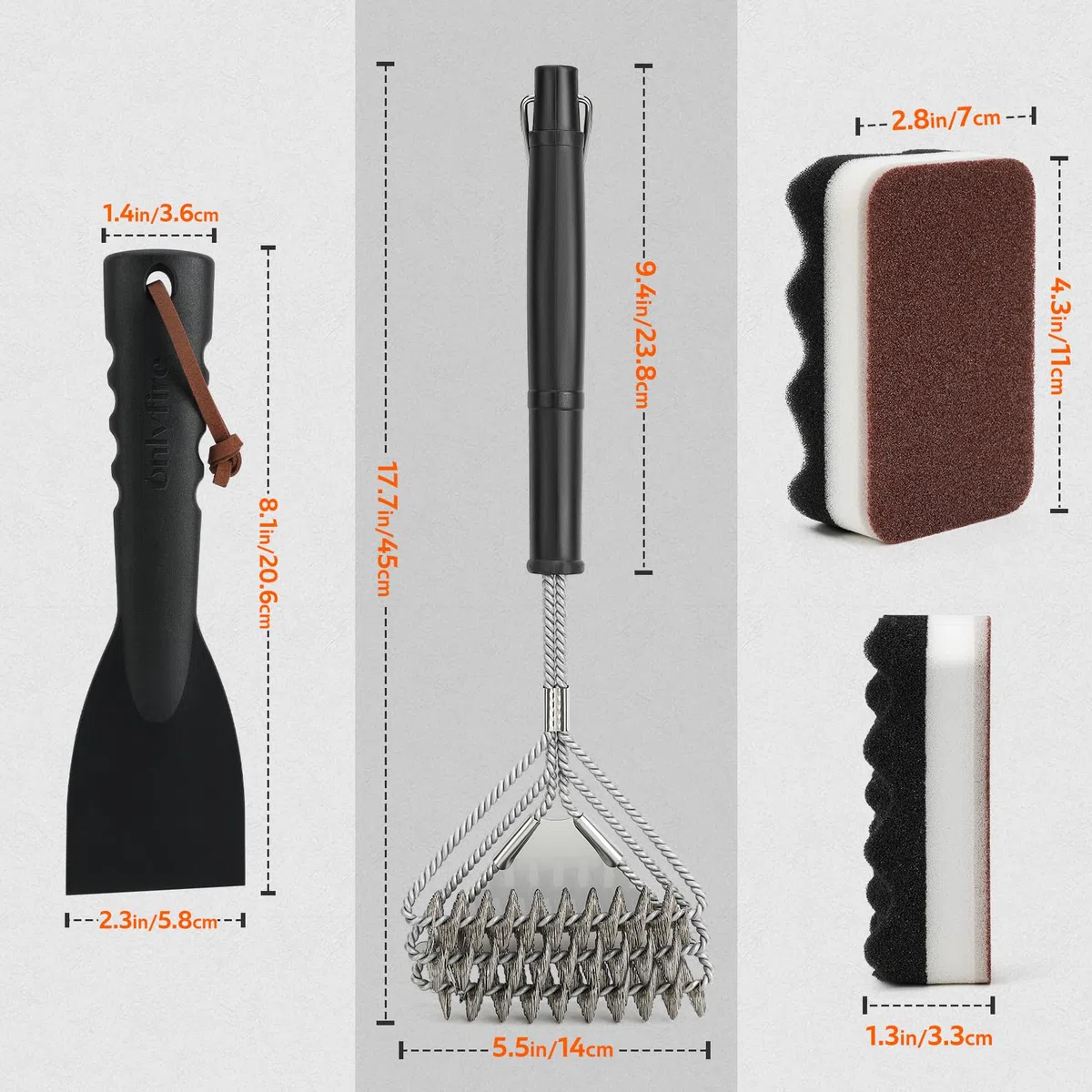 Onlyfire Brosse à Barbecue avec Grattoir et 2 Éponges de Nettoyage - Accessoires de Nettoyage pour BBQ à Gaz et Charbon - Racloir en Plastique pour Barbecue - Poils Métalliques - Éponge Double Face