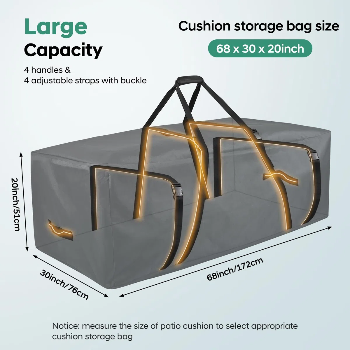 FAMIROSA Sac de Rangement pour Coussins de Jardin et Sac de Rangement imperméable, Anti-UV Tissu 600D Oxford, Fermeture éclair Durable et poignées pour Coussins d’extérieur (172x76x51cm)
