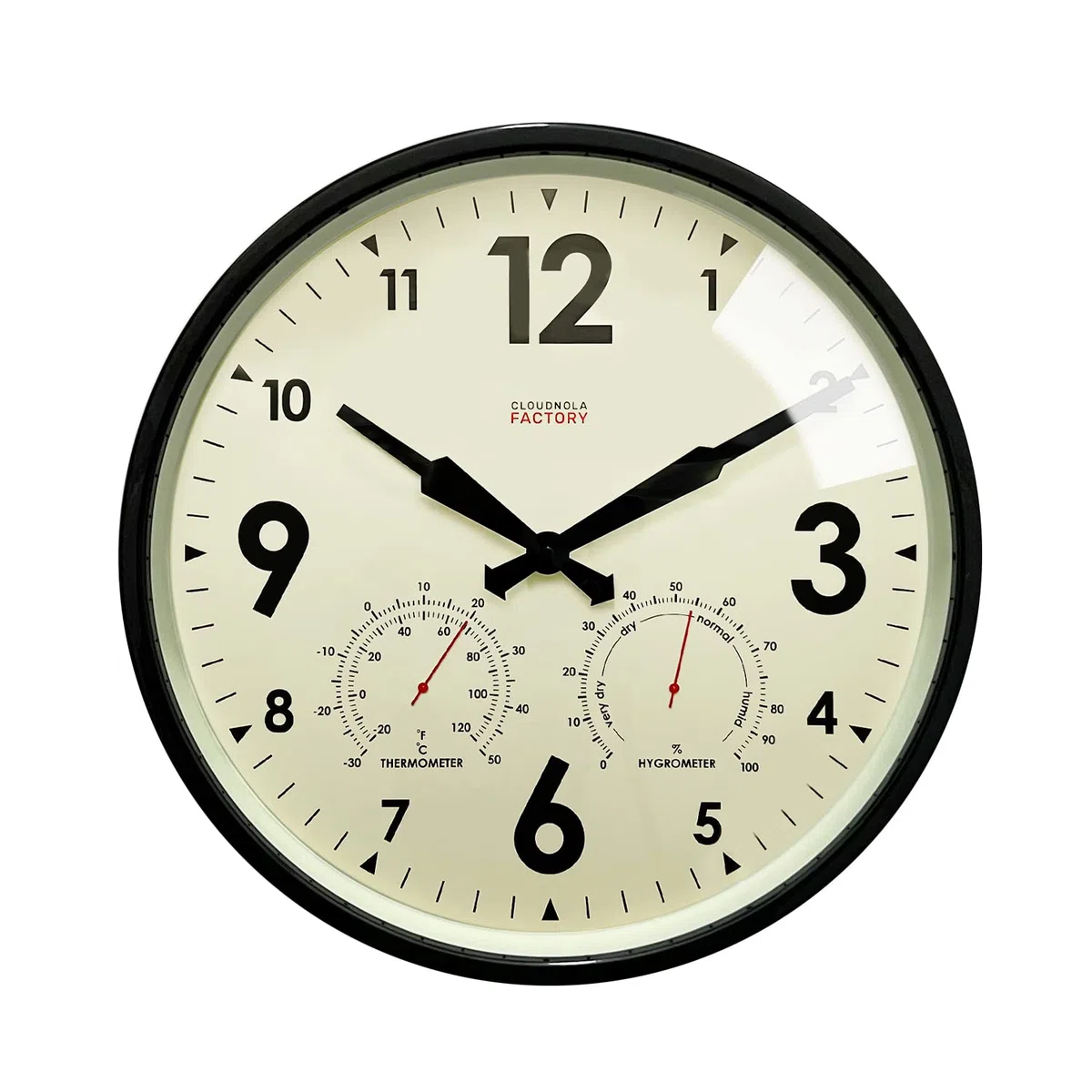 Cloudnola Horloge Murale en métal étanche pour intérieur et extérieur avec thermomètre et hygromètre, Vert, 30,5 cm, silencieuse, sans tic-tac