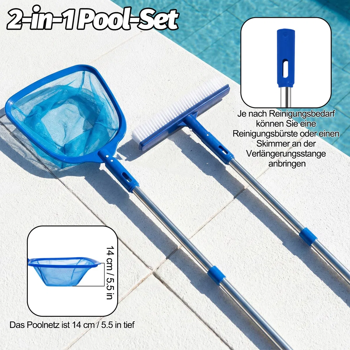 4BAOHUI Brosse de piscine avec manche en acier inoxydable, épuisette avec manche télescopique, kit de balai de piscine, brosse de nettoyage pour piscine, épuisette pour nettoyer les feuilles de