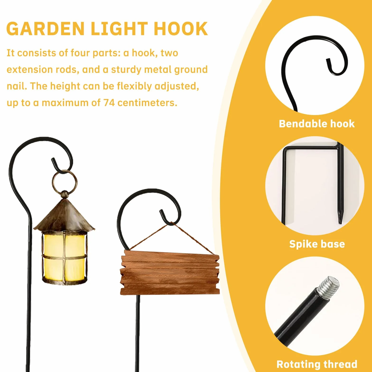 2 Pièces Crochet de Berger de Jardin, 74cm Crochets de Berger Réglables en Métal, Crochets et Suspensions pour Plantes Crochet de Jardin Extérieur Noir pour Suspendre Lanternes Pots de Fleurs