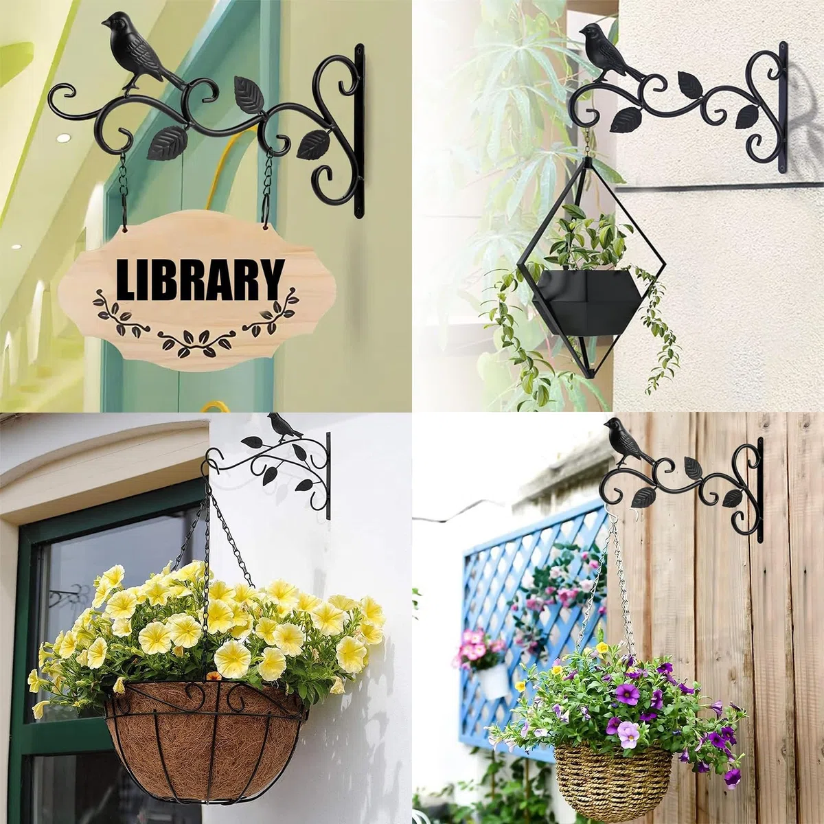 Lot de 2 crochets muraux noirs pour plantes, mangeoires, jardinières et lanternes