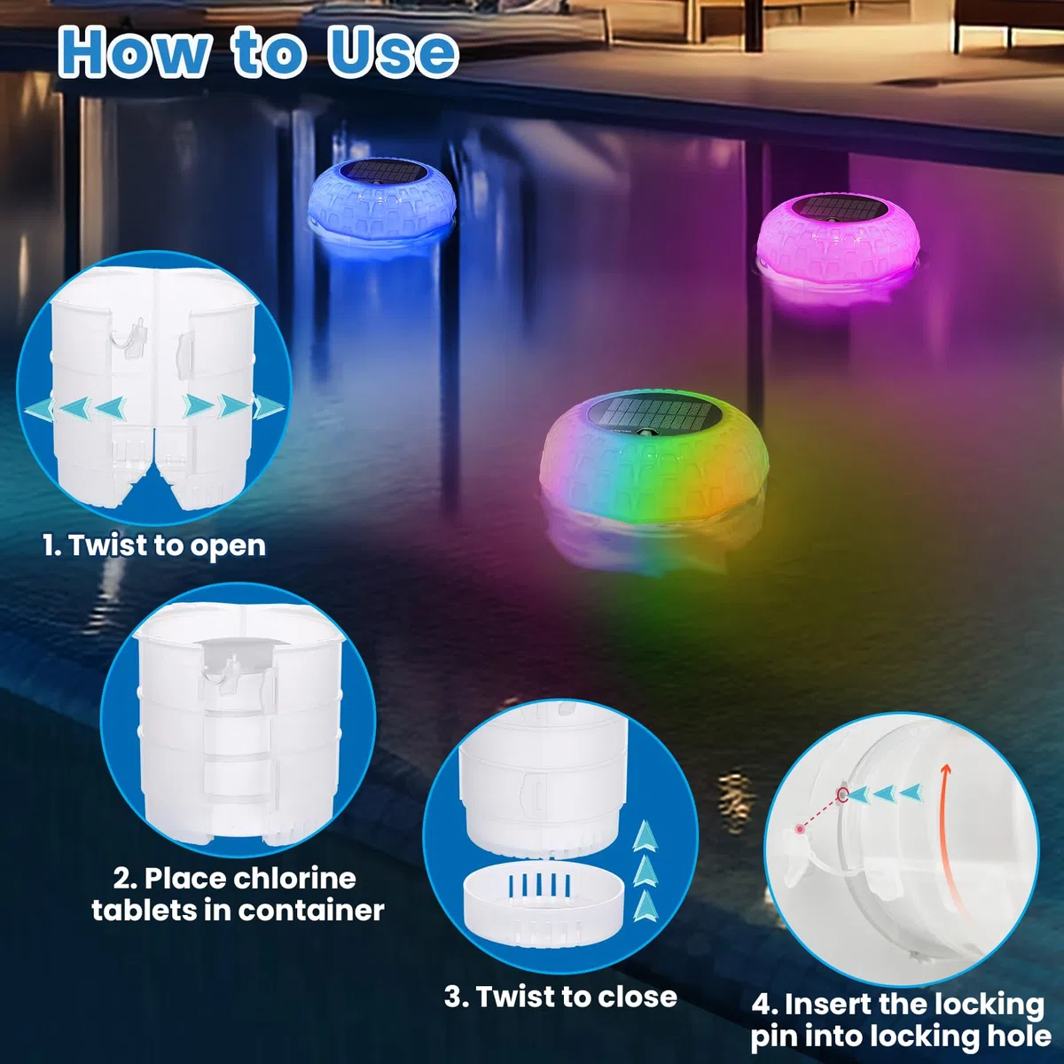 Qoolife Grand doseur Flottant pour jusqu'à 4 pastilles de Chlore - Lumière Solaire LED - 7 Couleurs - Distributeur de Chlore pour Piscine - avec télécommande réglable et Pliable