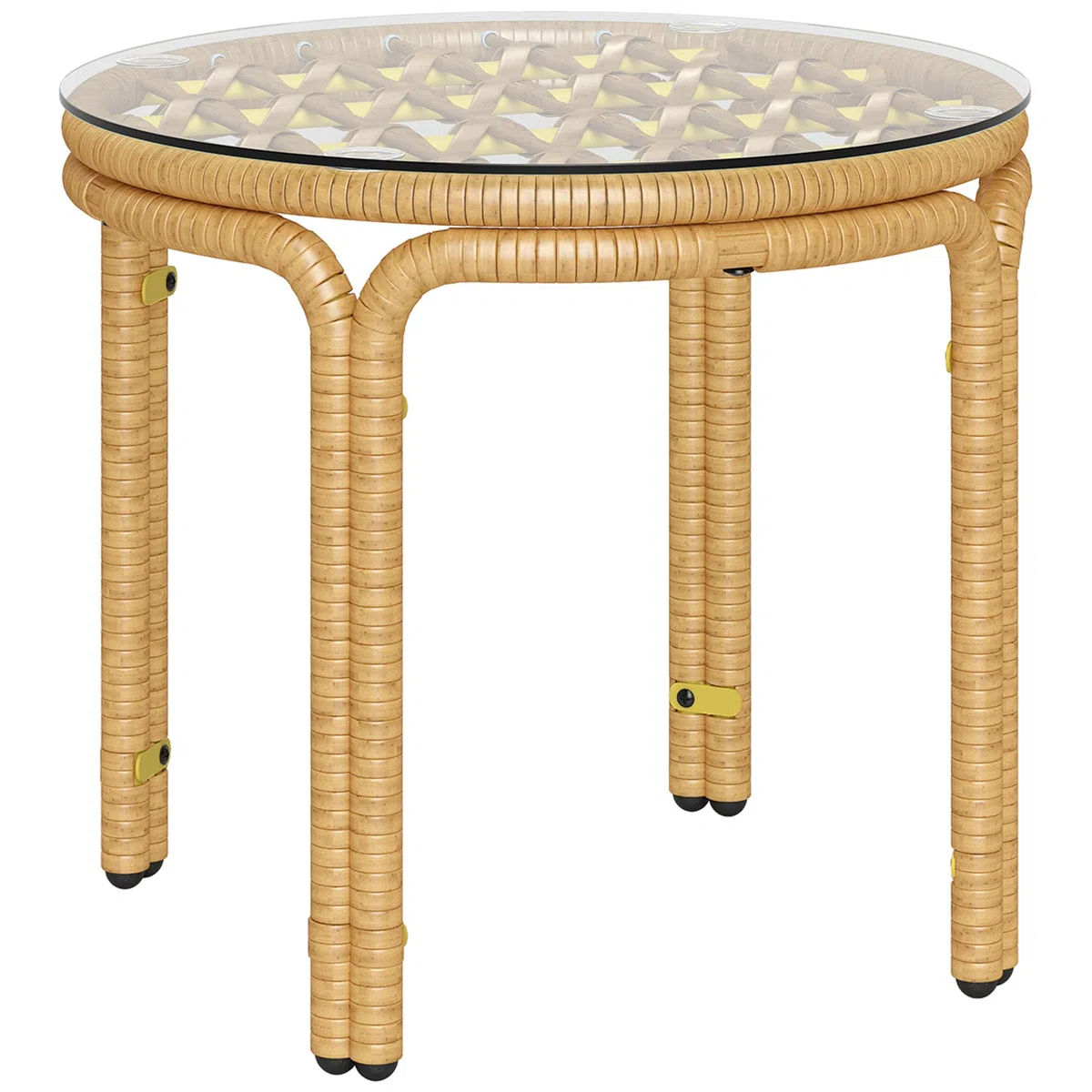 Outsunny Table d'appoint en résine tressée Ronde, Table Basse de Jardin avec Plaque en Verre, Facile à Nettoyer pour terrasse, Jardin, Balcon, Ø 50 x 44 cm, Jaune
