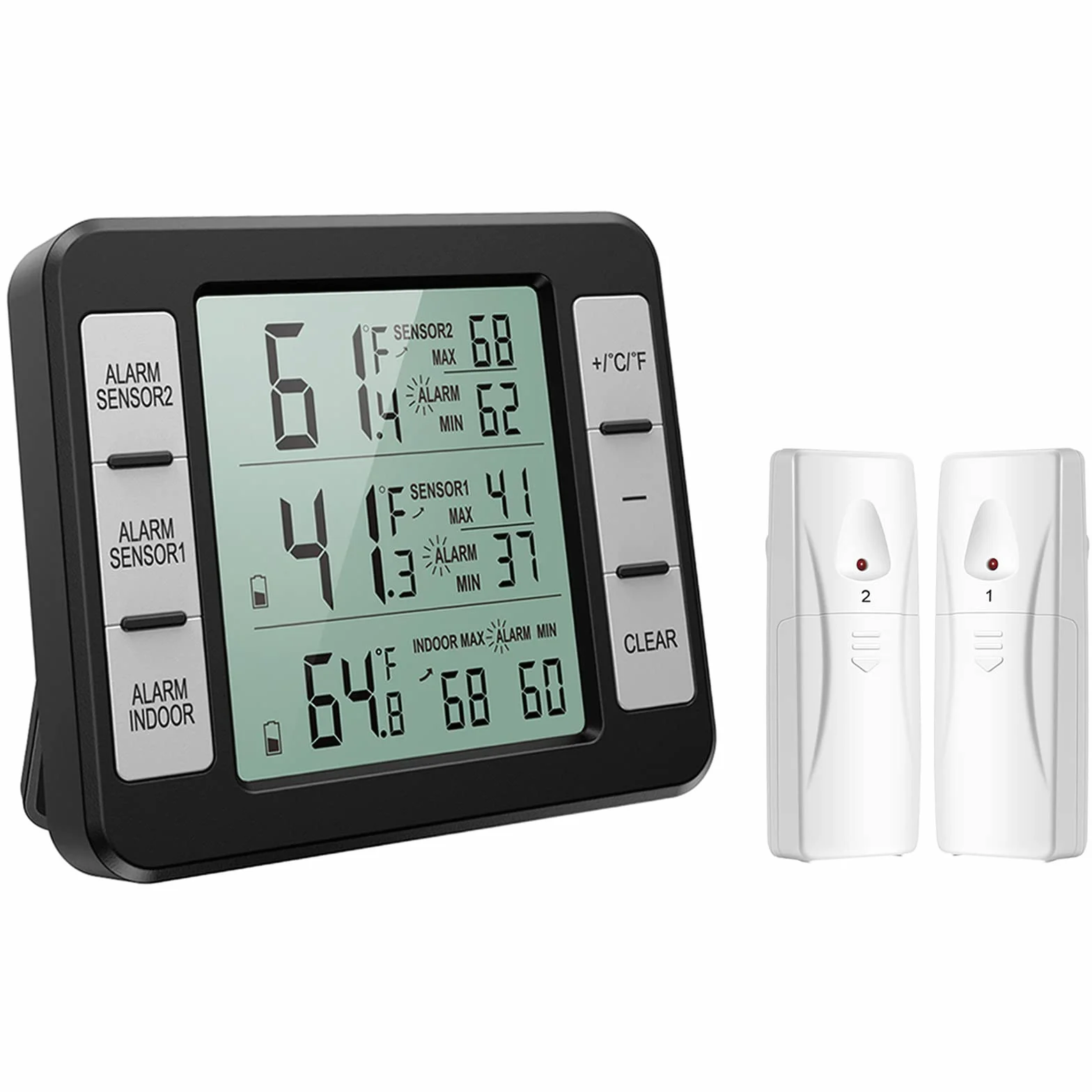 ORIA Thermomètre de Réfrigérateur, Thermomètre de Frigo Congelateur sans Fil avec 2 Capteurs, Alarme Sonore, Min/Max, Thermometre In/Extérieur pour Maison Cuisine Restaurant Bars Café - Noir