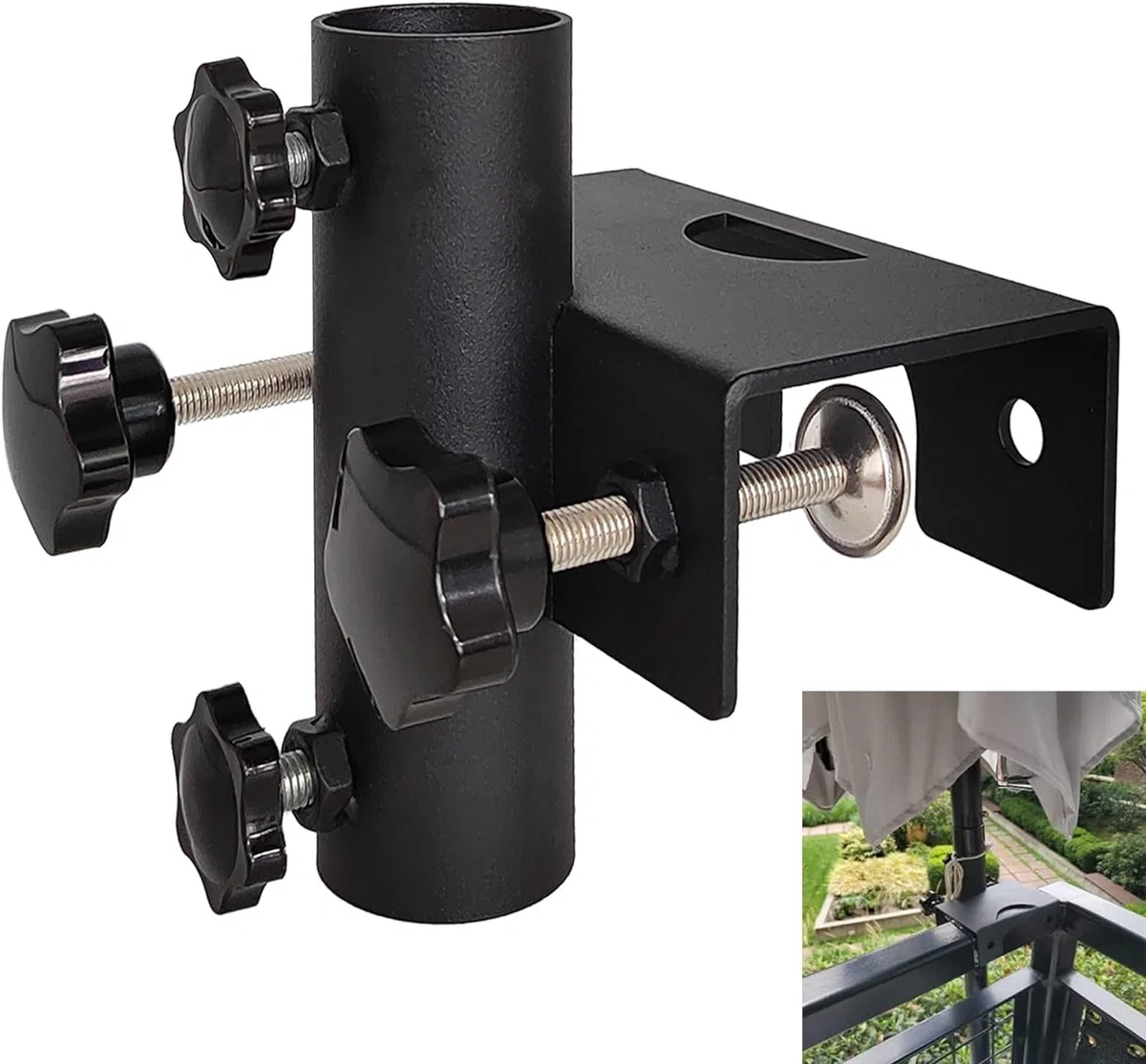 Support de parasol robuste pour balcon, clôture de jardin, terrasse, support de fixation, plage de serrage (20 mm-63 mm), diamètre du parasol (23 mm-38 mm) (noir)