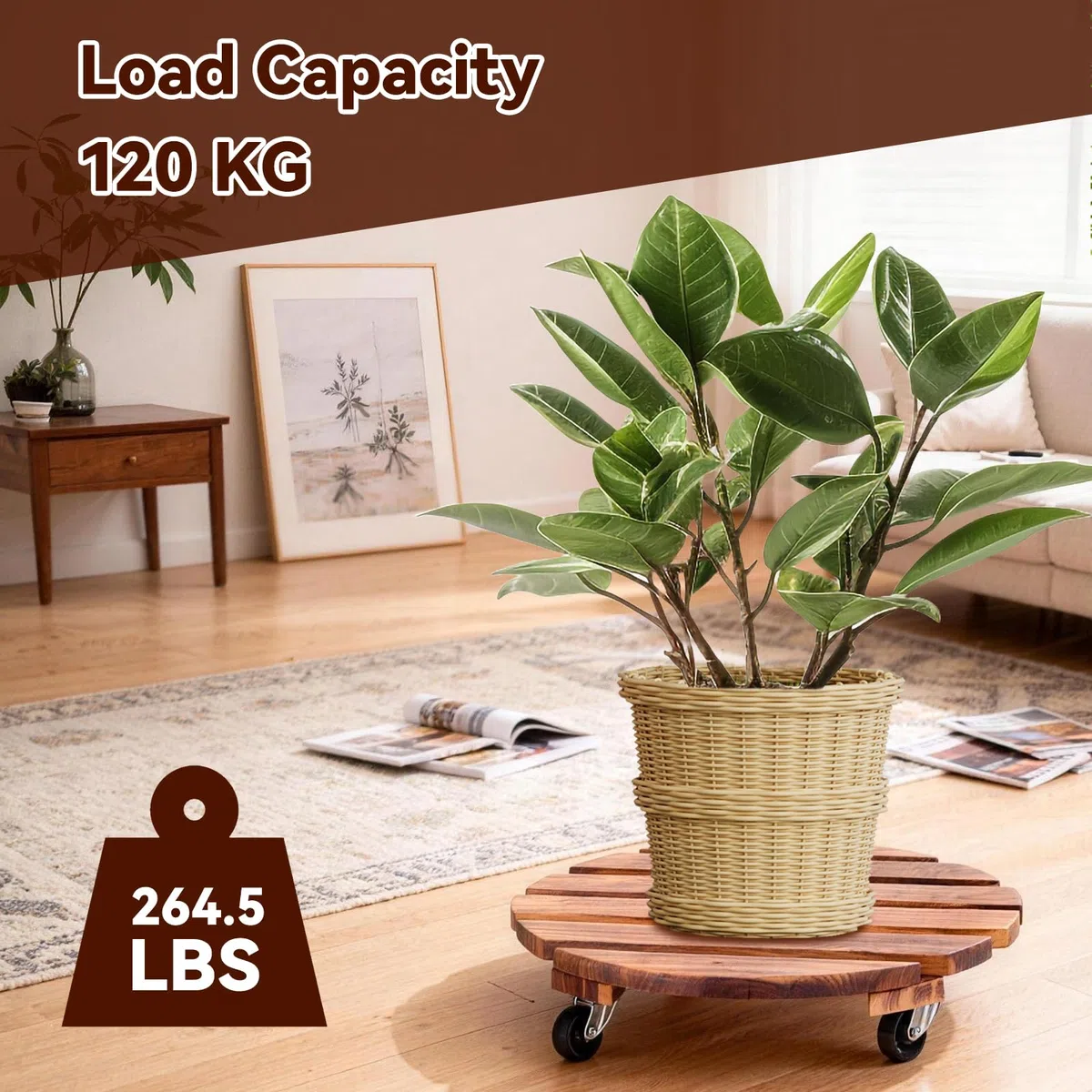 Lot de 2 Porte Plantes à roulettes 30,5 cm, Rond en Bois avec Roues Pivotantes et Verrouillables, Capacite 120kg, Chariot Mobile pour Pots de Fleurs Lourds, Usage Intérieur et Extérieur