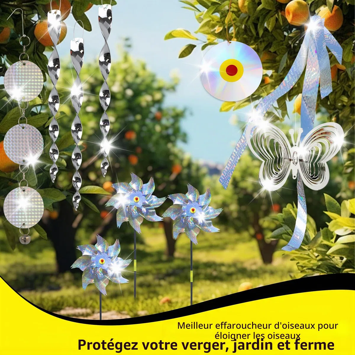 Lot d'épouvantail pour oiseaux - comprend 2 moulins à vent réfléchissants, 2 moulins à vent en forme de papillon, 6 dispositifs en spirale, 1 ruban effaroucheur et 2 disques, pour éloigner les