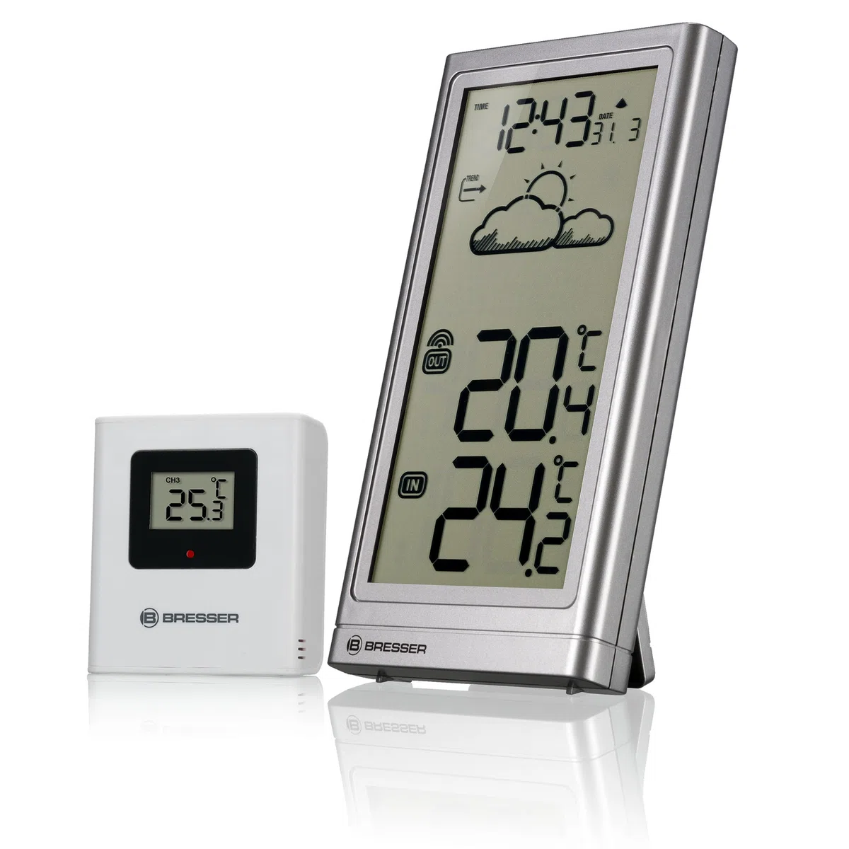 Bresser Station météo sans fil avec capteur extérieur Meteo Temp, thermomètre avec affichage de la température pour l'intérieur et l'extérieur, prévisions météorologiques, avec pied pliable et support