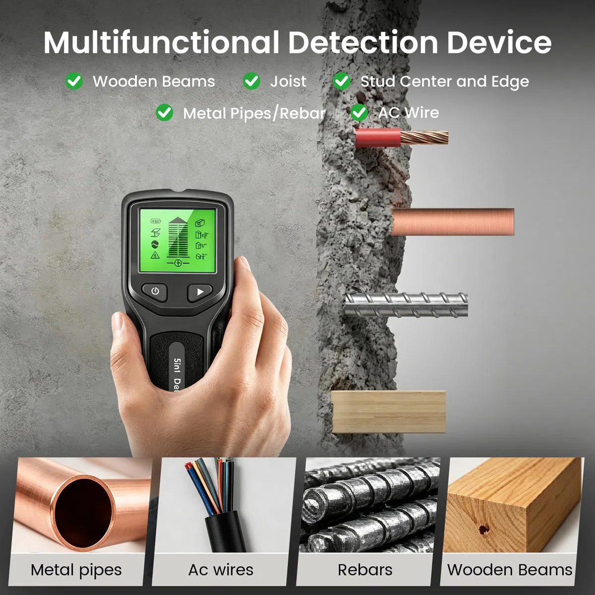 5 en1 Détecteur de Cable Électrique Mur, Detecteur de Cable Electrique avec Écran HD LCD et Alerte Sonore, Scanner Mural pour Localiser Les Métaux Chevilles en Bois Câbles Électriques CA