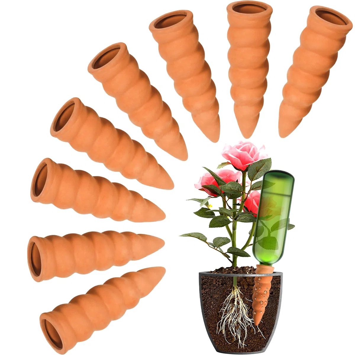 Lot de 8 Cône en Argile d’arrosage, Arrosage en Terre Cuite,Système d'Irrigation Naturel, arrosage Automatique pour Jardin Plantes d'intérieur.jardinières et Plantes en Pot, Terre Cuite,Marro.