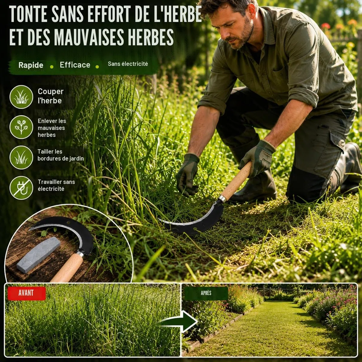 Set de faucilles de qualité supérieure avec pierre à aiguiser, faucille tranchante, faucilles à main 35 cm, petites faux, tondeuse, coupe-herbe, manche en bois, faucille forgée pour faucher