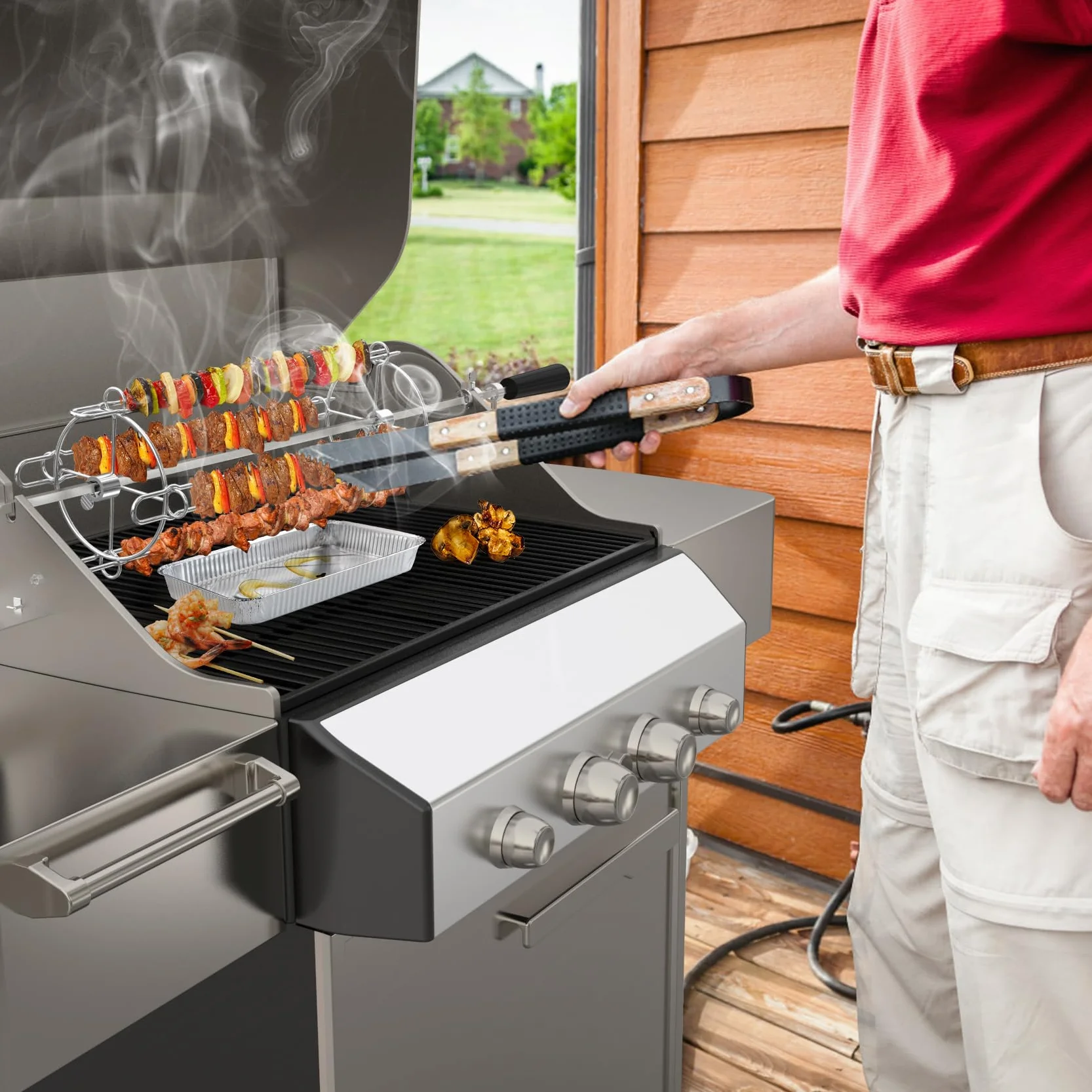 onlyfire Set de Brochettes Rotatives en Acier Inoxydable pour Tournebroche Barbecue, avec 4 Double Pique Anti-Chute d'Aliments, Grille pour rôtissoire pour Barbecue à gaz et Charbon de Bois