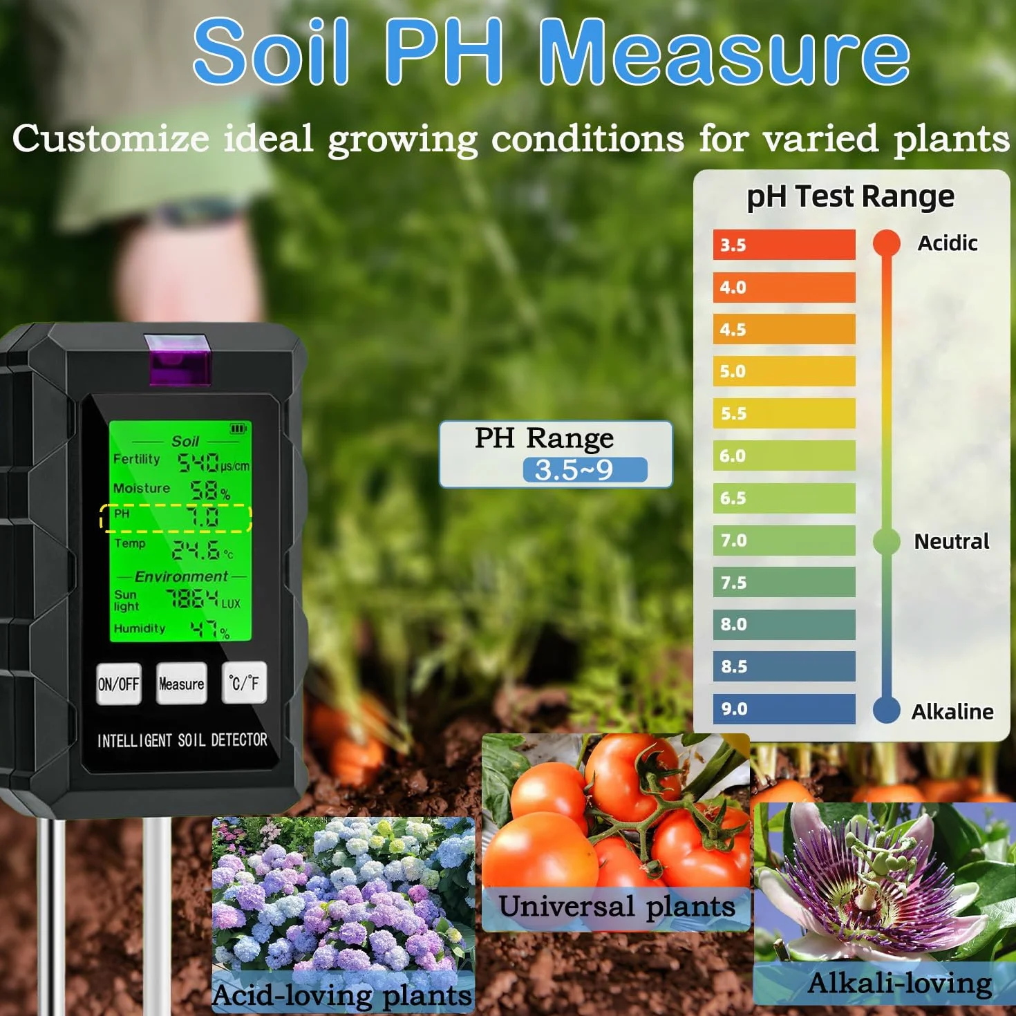 Testeur d'humidité du Sol，Testeur Sol 6 en 1，Hygrometre Plante avec pH Humidité Fertilité du Sol Lumière du Soleil Détection de Température Testeur Humidité Plante， Adapté au Jardinage et Aux Plantes