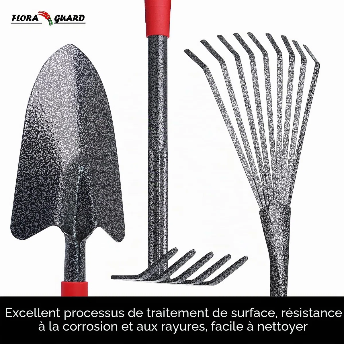 FLORA GUARD Outils de Jardinage 6 Pièces, Kit d'outils de Jardin en Acier Inoxydable avec Houe 2-en-1, Treulle, Râteaux, Couteau Désherbeur, Finition Martelée, pour Taille et Entretien