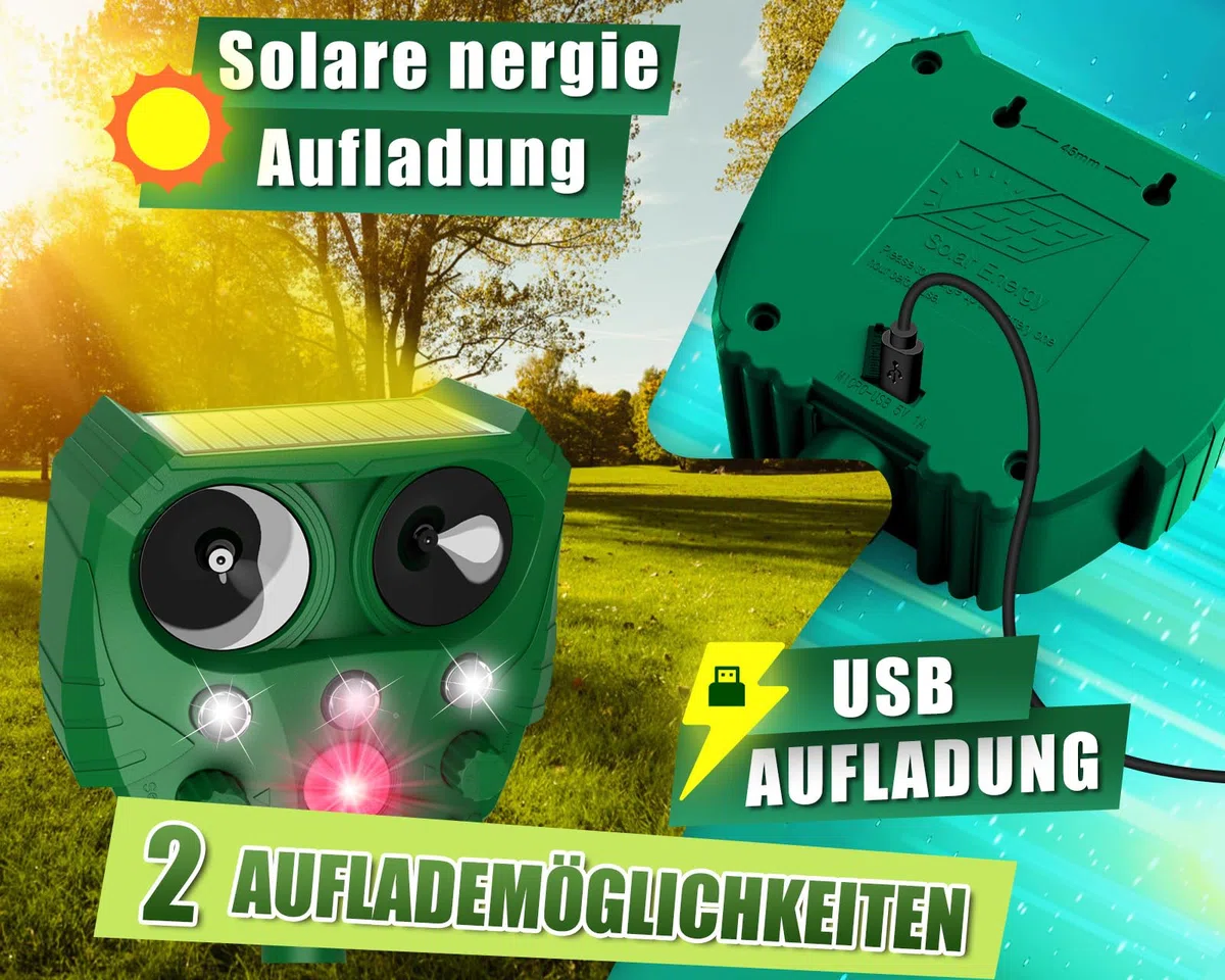 Repulsif Chat Exterieur Ultrason, Effaroucheur Solaire ＆ Charge USB, 5 Modes avec Détecteur de Mouvement PIR, Lumière LED, IPX4 Étanche, Répulsif Renard, Taupe, Chiens, Raccoons, Sanglier, Oiseaux