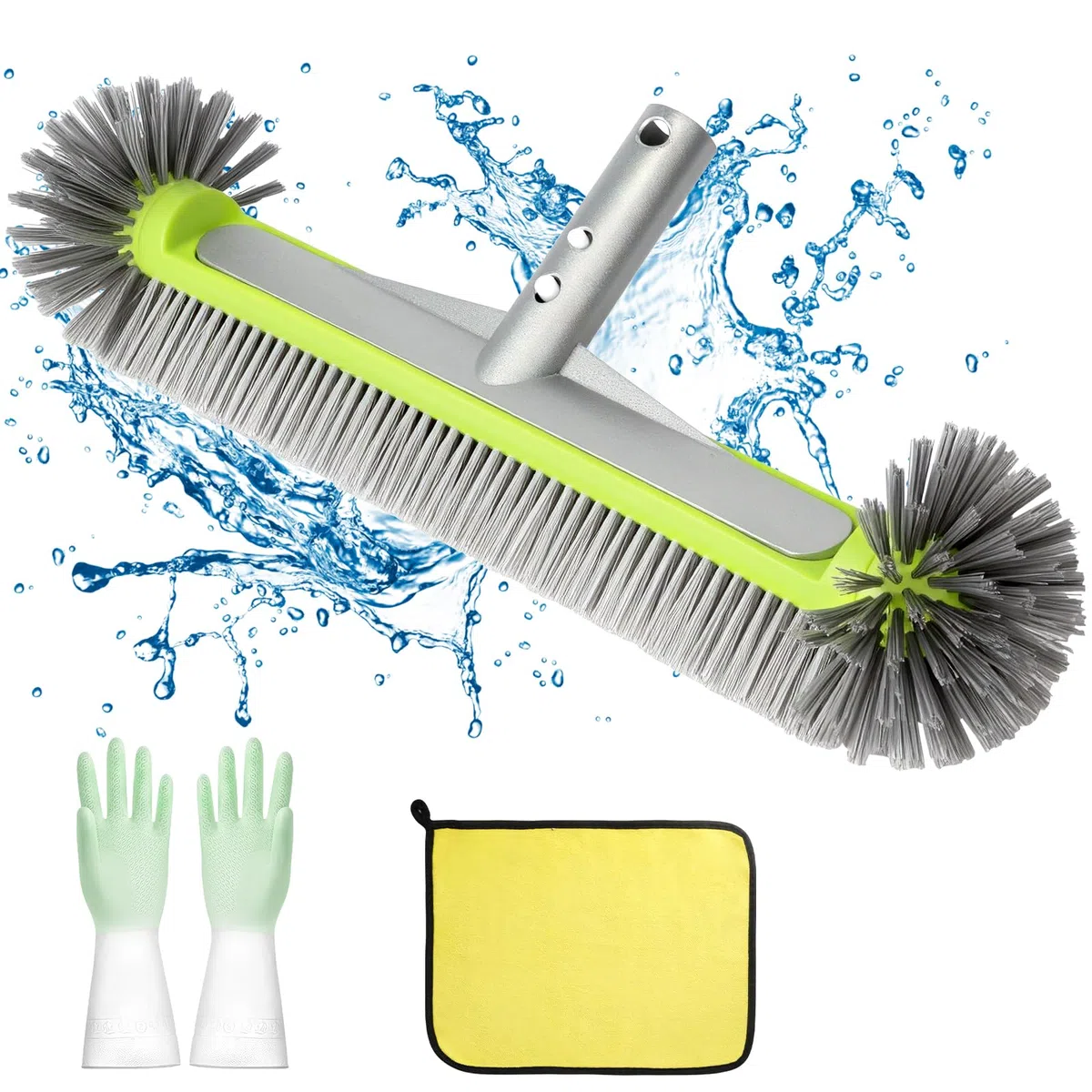 Brosse de Piscine Ronde, 43cm/17″ Balai Piscine Brosse avec Gants Antidérapants et Serviette Absorbante pour Carrelage, Murs & Coins Récalcitrants (sans Barre Télescopique)