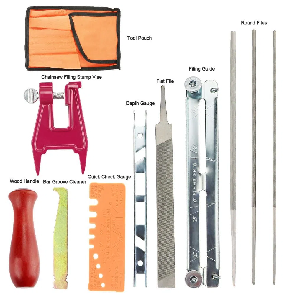Affuteuse de Tronçonneuse Kit d'affûtage de chaîne de tronçonneuse, avec Lames Rondes, Lime Plate, Souche de Tronçonneuse, Poignées en Bois, Jauge de Profondeur, Nettoyeur de Rainure et autres