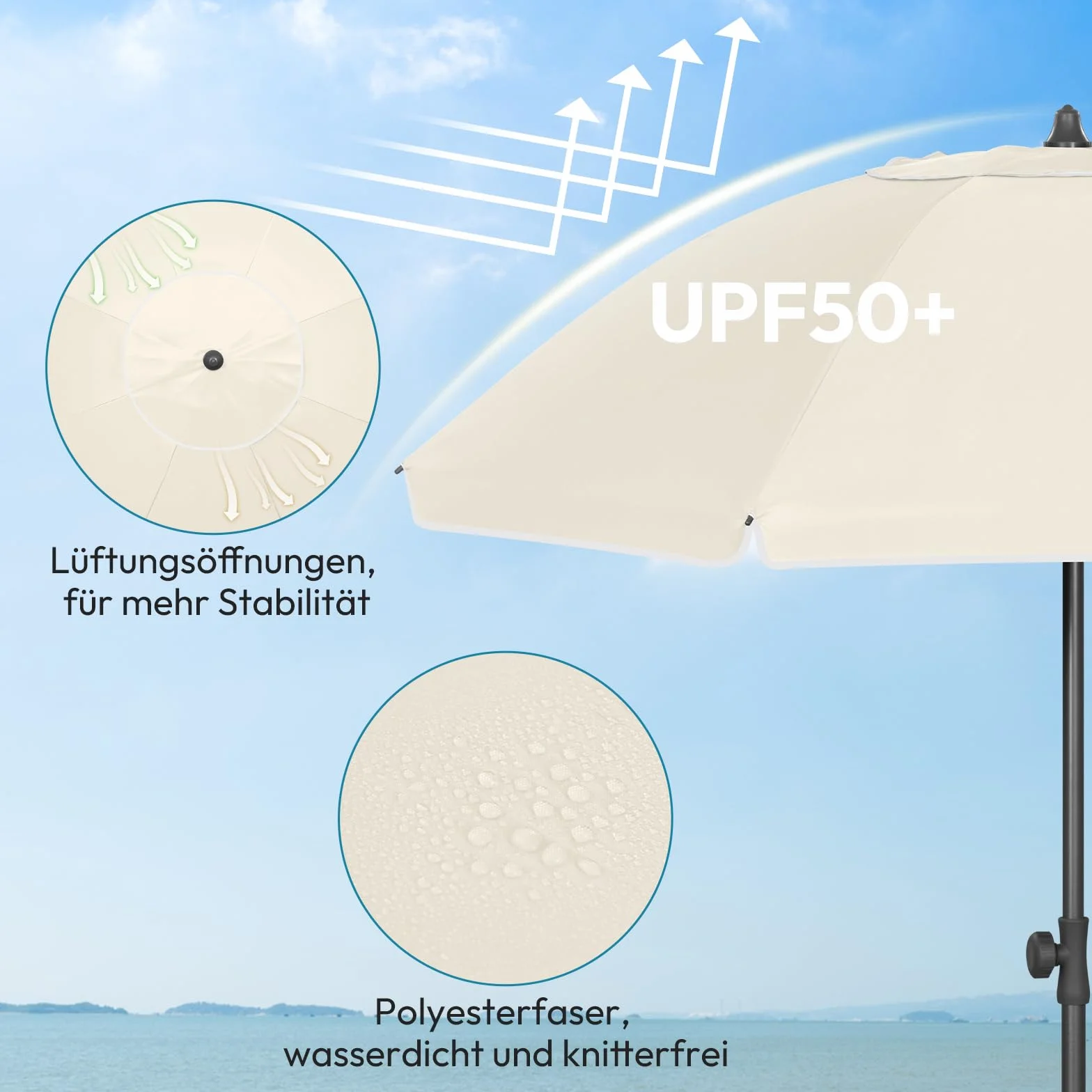 Laneetal Parasol de Plage Ø135/155/175cm, Imperméable en Tissu Anti-UV à UPF 50+, Toile Inclinable, Hauteur Réglable, Parasol Rond Anti-Vent pour Balcon/Terrasse/Patio/Piscine
