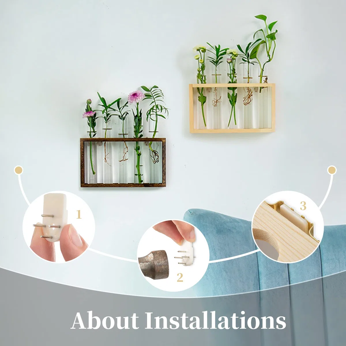 Tenture Murale en Verre Planteur Propagation Station Murale 5 Tube à Essai en Support en Bois pour Plantes Hydroponiques Boutures Bureau Décoration De La Maison