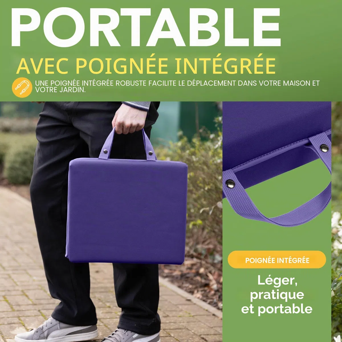 BLOSTM Coussin de Jardin Extra Épais - Grand Coussin de Jardin Pliable avec Poignées - Tapis en Mousse à Mémoire de Haute Densité Résistant à l’Eau pour Jardinage, Travaux Ménagers (Violet)