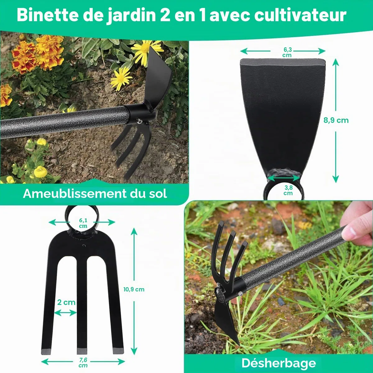 Houe de Jardin avec 2 Griffes, Largeur 114cm, Serfouette Binette Trident de Jardin pour Labourer et Désherber Le Sol, Cultivateur de Jardinage Manuel…