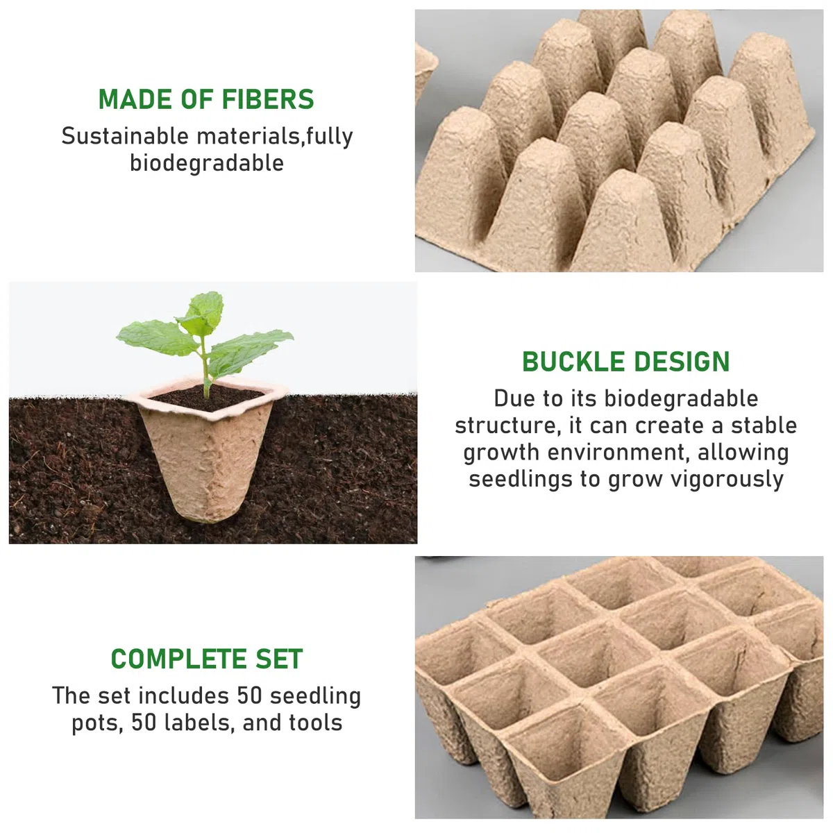 PORFOYO Lot de 50 pots de culture, 600 cellules, biodégradables, en carton, sans tourbe, avec 50 étiquettes et outils