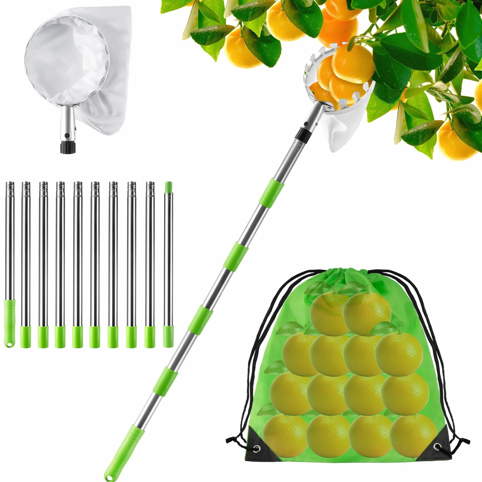 KOMABLEN 4M Cueille Fruit Telescopique, Ramasse Pomme INOX et Sac de Rangement, Poteau Réglable Cueille Fruit pour Pommes Poires Oranges Pêches Cerises