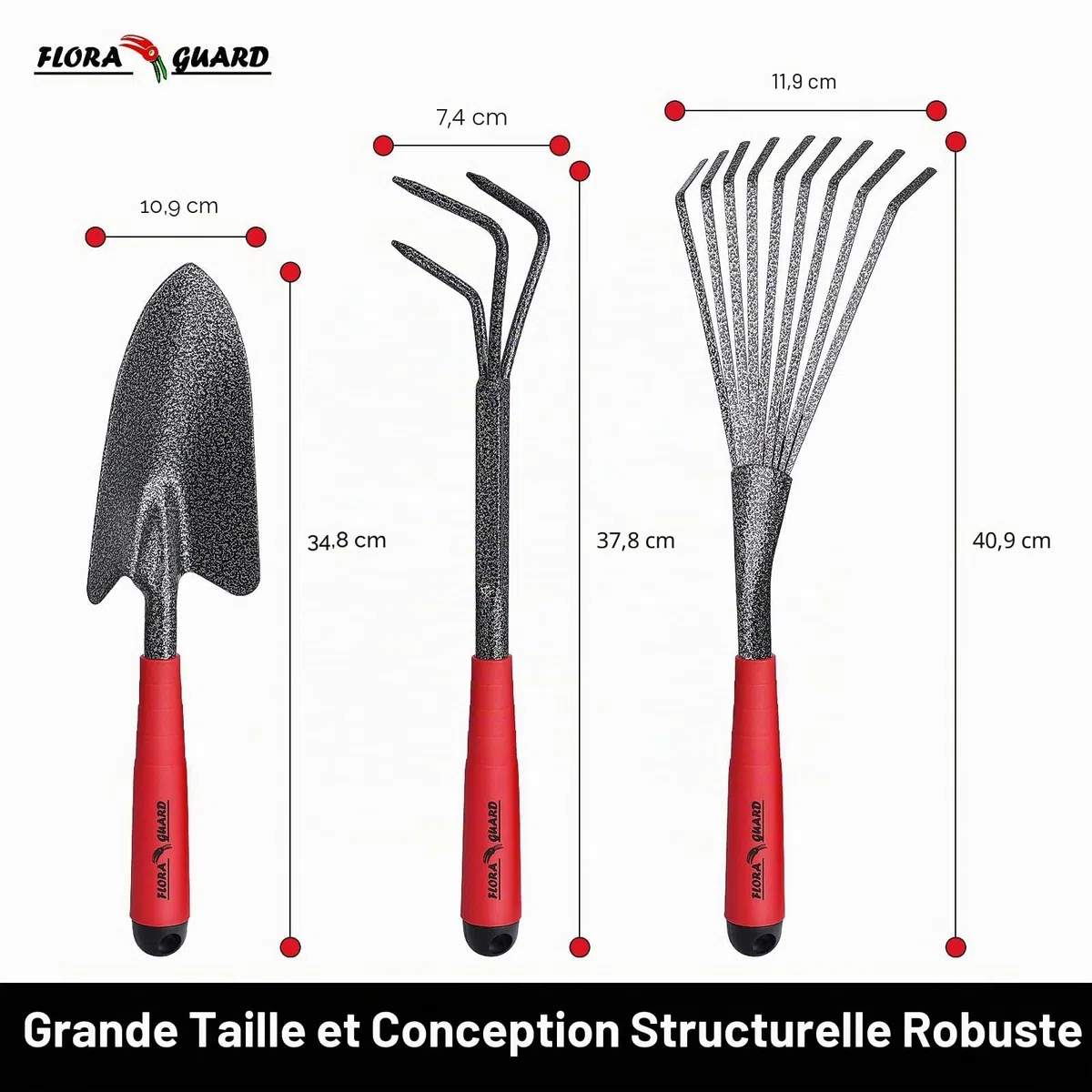 FLORA GUARD Outils de Jardinage 6 Pièces, Kit d'outils de Jardin en Acier Inoxydable avec Houe 2-en-1, Treulle, Râteaux, Couteau Désherbeur, Finition Martelée, pour Taille et Entretien
