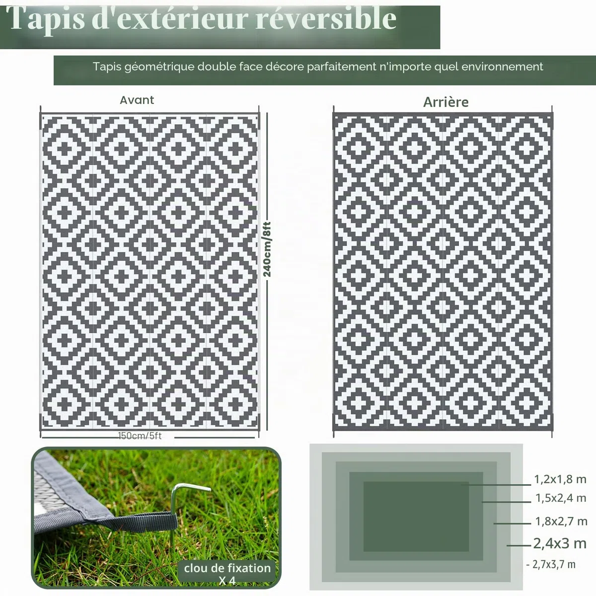 Mokani Tapis Exterieur Resistant Pluie, Tapis extérieur pour Patio, terrasse, Plage, Pique-Nique, arrière-Cour (150 x 240 cm, Gris & Blanc)