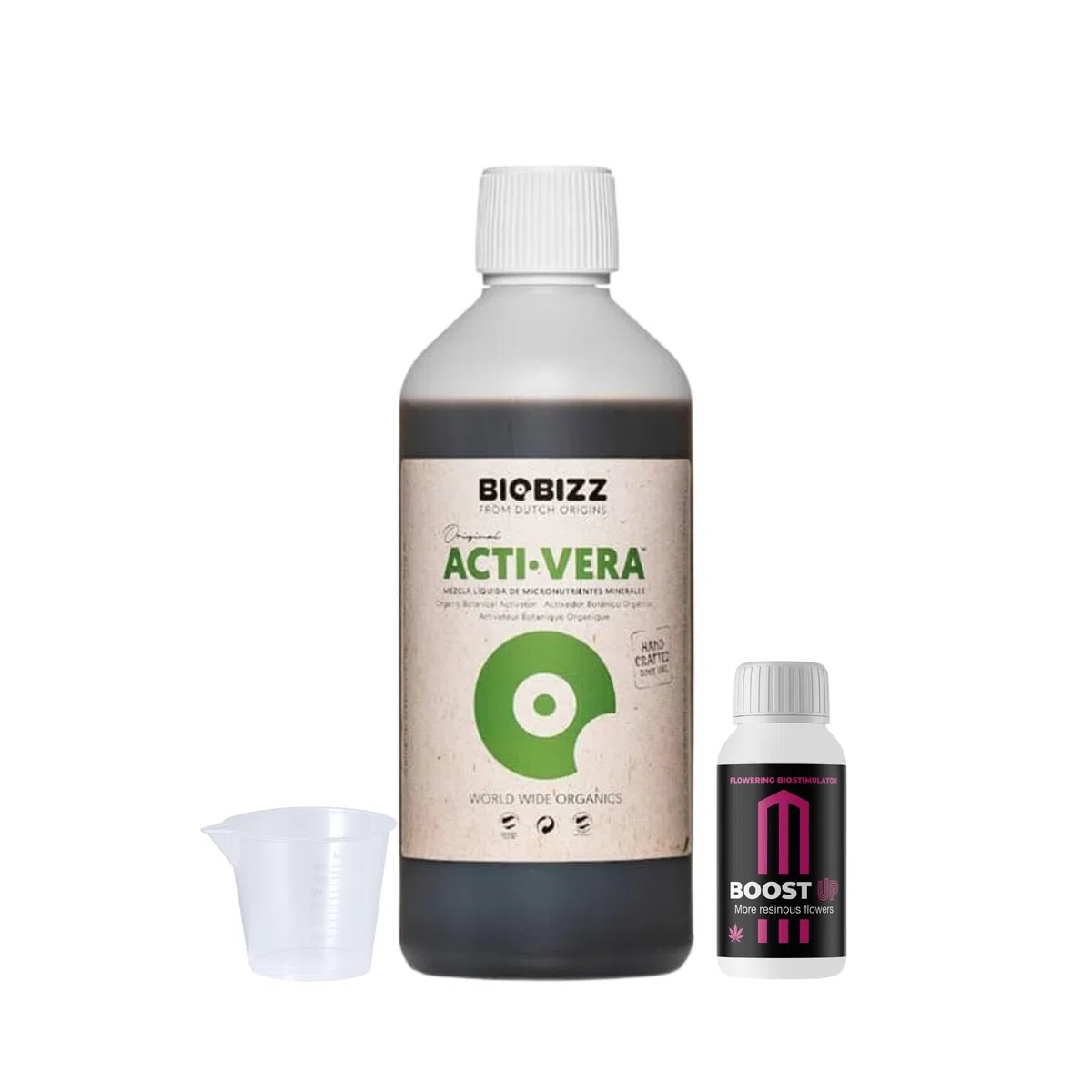 GROWMANIA Acti Vera de BioBizz 500 ml + Échantillon Boost Up de Up Nutrients + Verre Doseur | Revitalisant pour Plantes de Jardins Urbains | Améliore la Vitalité et la Floraison