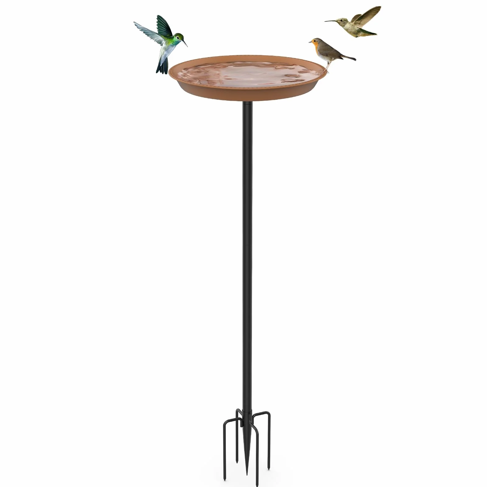 efuturetime Bain Oiseaux Grand Métal sur Pied φ 30 × 90 cm, Abreuvoir Oiseaux Exterieur avec Trous Mangeoire Oiseaux Plateau Réglable en Hauteur pour Jardin Balcon, Brun